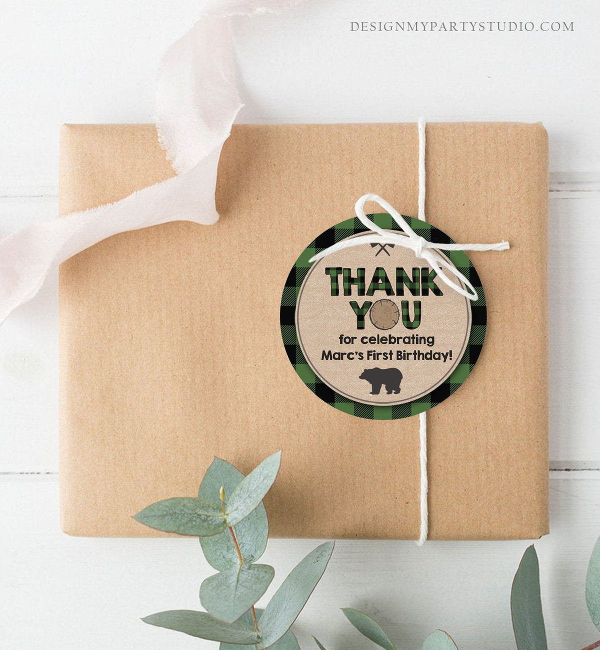 Editable Lumberjack Favor Tags Thank You Lumberjack Birthday Round Square Sticker Baby Shower Woodland Green Plaid Bear Corjl Template 0026