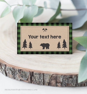 Editable Food Labels Lumberjack Birthday Wild One Green Buffalo Plaid Place Card Tent Card Escort Card Bear Woodland Template Corjl 0026