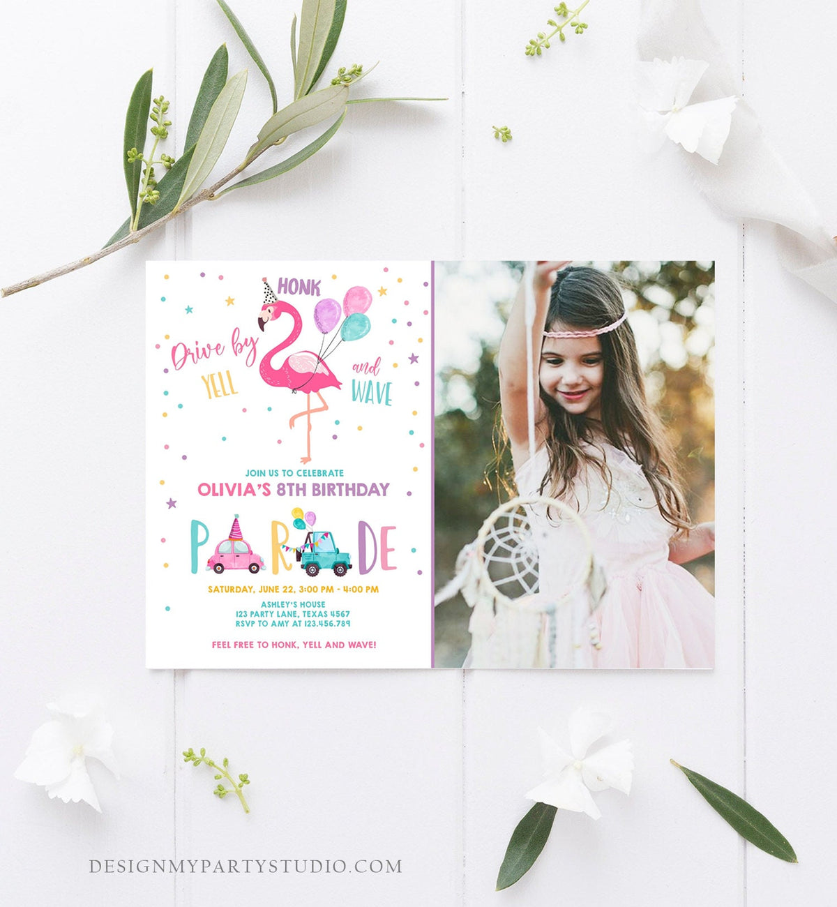 Editable Flamingo Drive By Birthday Parade Invitation Virtual Party Invite Honk Wave Car Girl Pink Quarantine Download Digital Corjl 0200