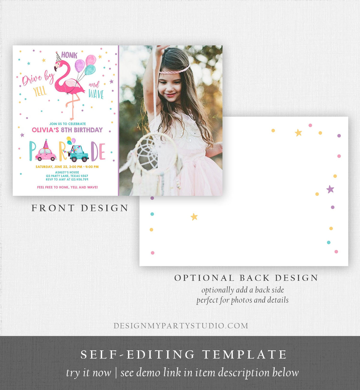 Editable Flamingo Drive By Birthday Parade Invitation Virtual Party Invite Honk Wave Car Girl Pink Quarantine Download Digital Corjl 0200