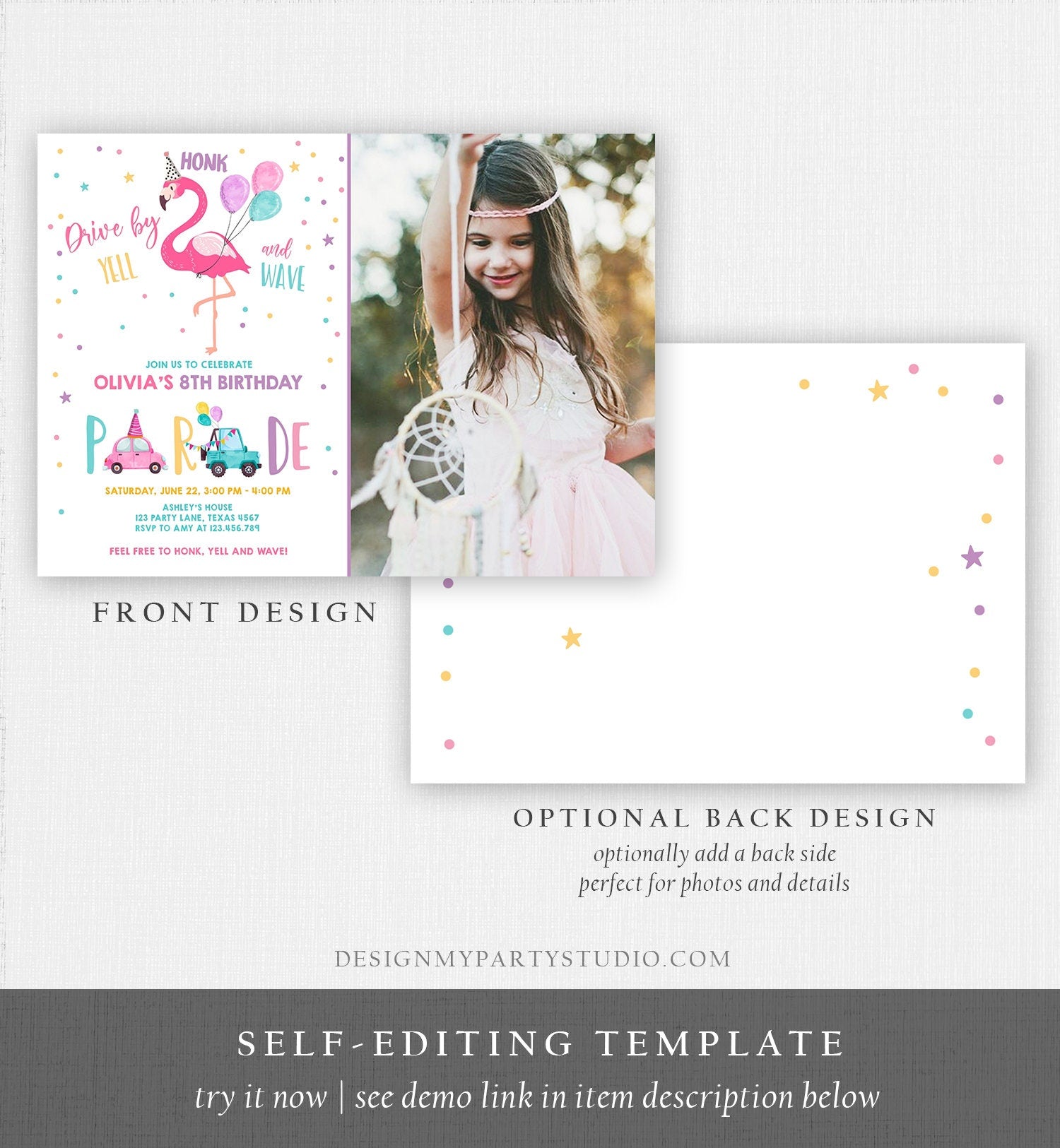 Editable Flamingo Drive By Birthday Parade Invitation Virtual Party Invite Honk Wave Car Girl Pink Quarantine Download Digital Corjl 0200