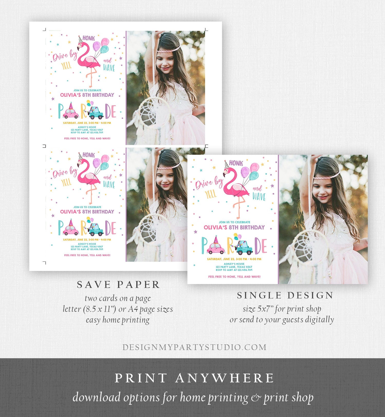 Editable Flamingo Drive By Birthday Parade Invitation Virtual Party Invite Honk Wave Car Girl Pink Quarantine Download Digital Corjl 0200