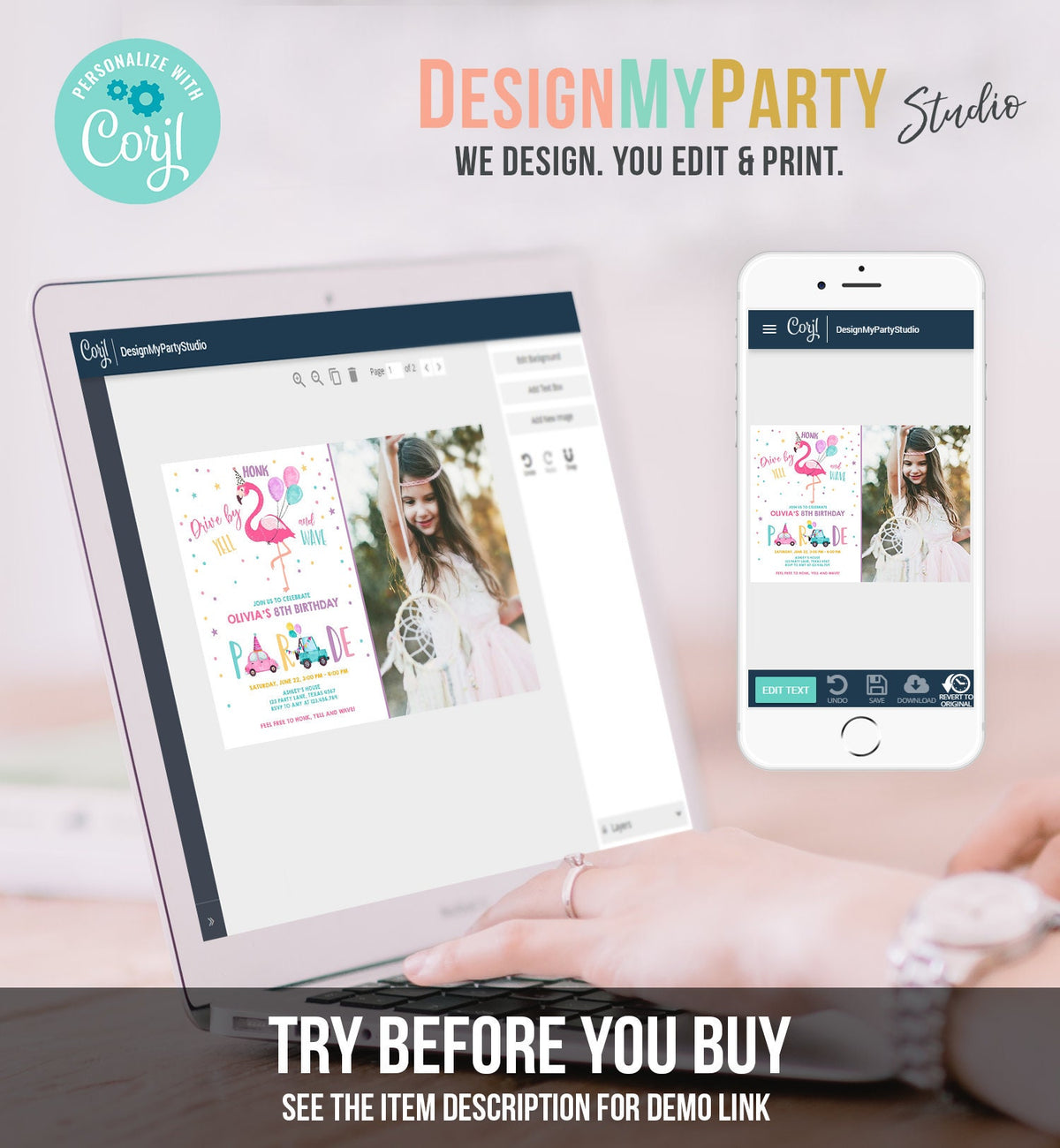 Editable Flamingo Drive By Birthday Parade Invitation Virtual Party Invite Honk Wave Car Girl Pink Quarantine Download Digital Corjl 0200