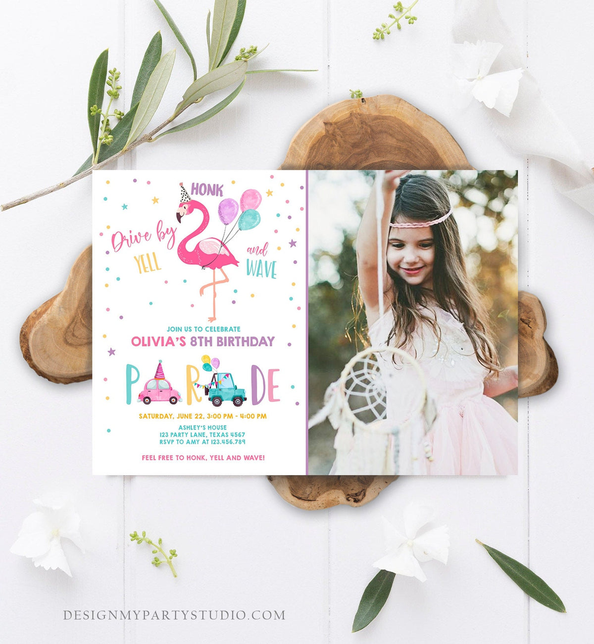 Editable Flamingo Drive By Birthday Parade Invitation Virtual Party Invite Honk Wave Car Girl Pink Quarantine Download Digital Corjl 0200