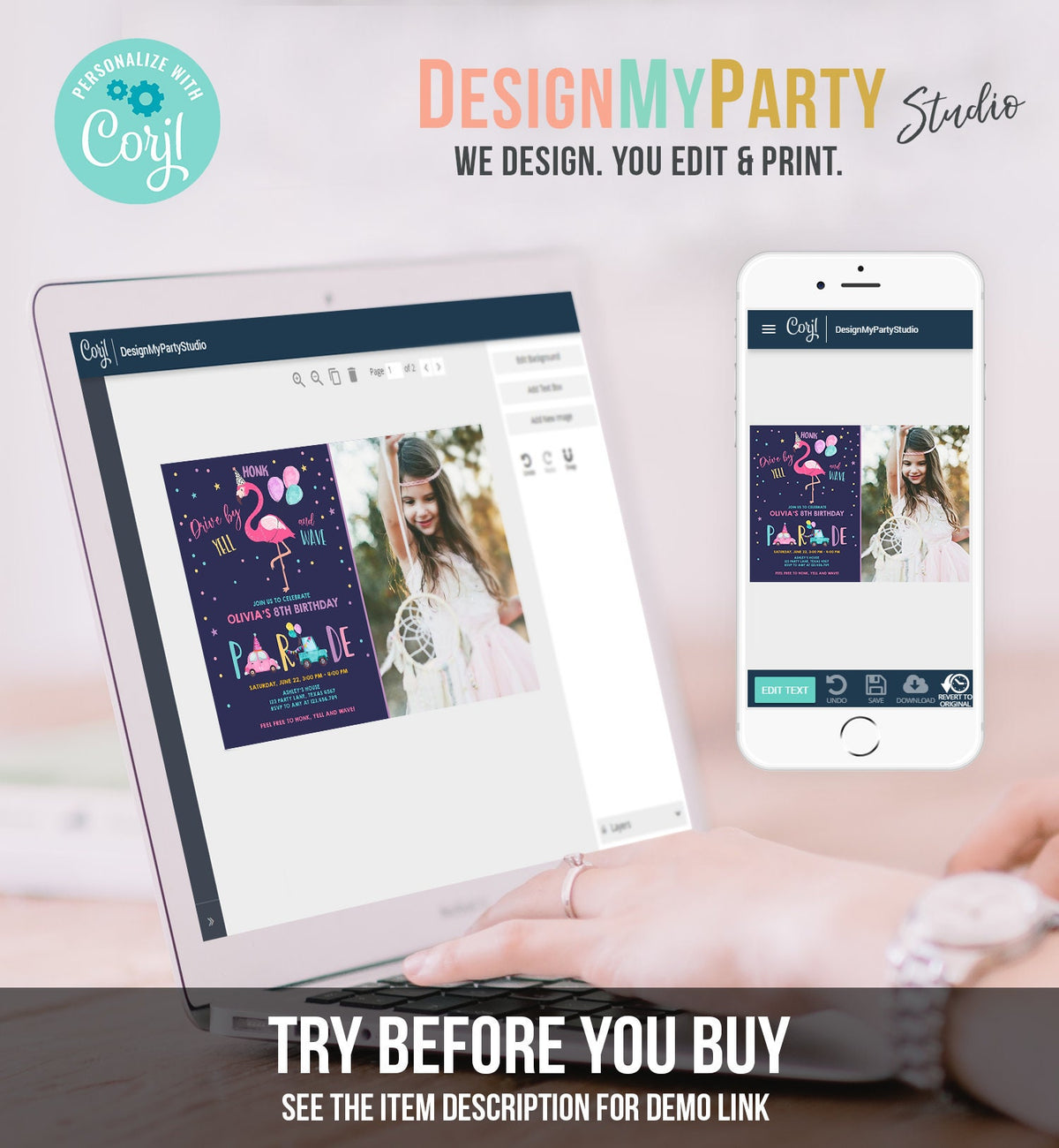 Editable Flamingo Drive By Birthday Parade Invitation Virtual Party Invite Honk Wave Car Girl Pink Quarantine Download Digital Corjl 0200