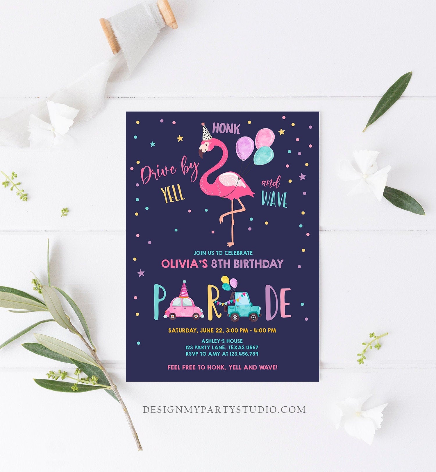 Editable Flamingo Drive By Birthday Parade Invitation Virtual Party Invite Honk Wave Car Girl Pink Quarantine Download Digital Corjl 0200
