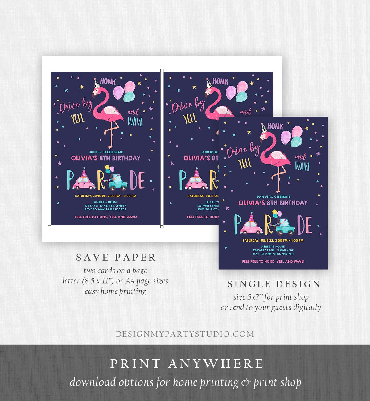 Editable Flamingo Drive By Birthday Parade Invitation Virtual Party Invite Honk Wave Car Girl Pink Quarantine Download Digital Corjl 0200