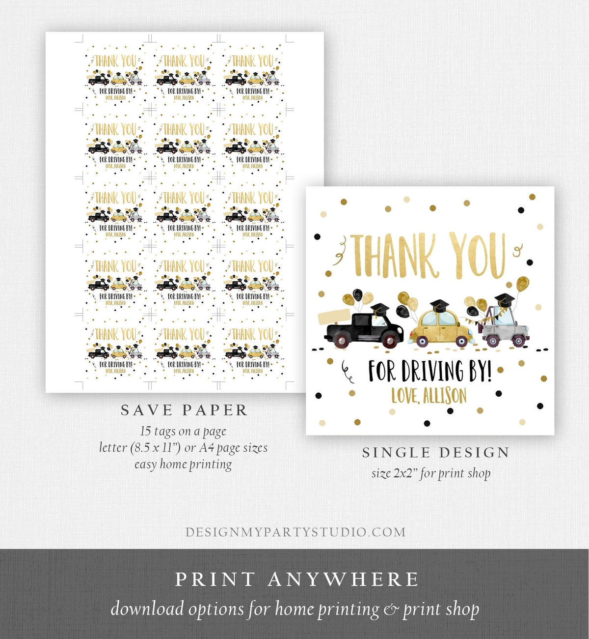 Editable Drive By Favor Tag Drive Through Graduation Parade Thank You Gift Tags Quarantine Gold Yellow High School Grad Graduate Corjl 0337