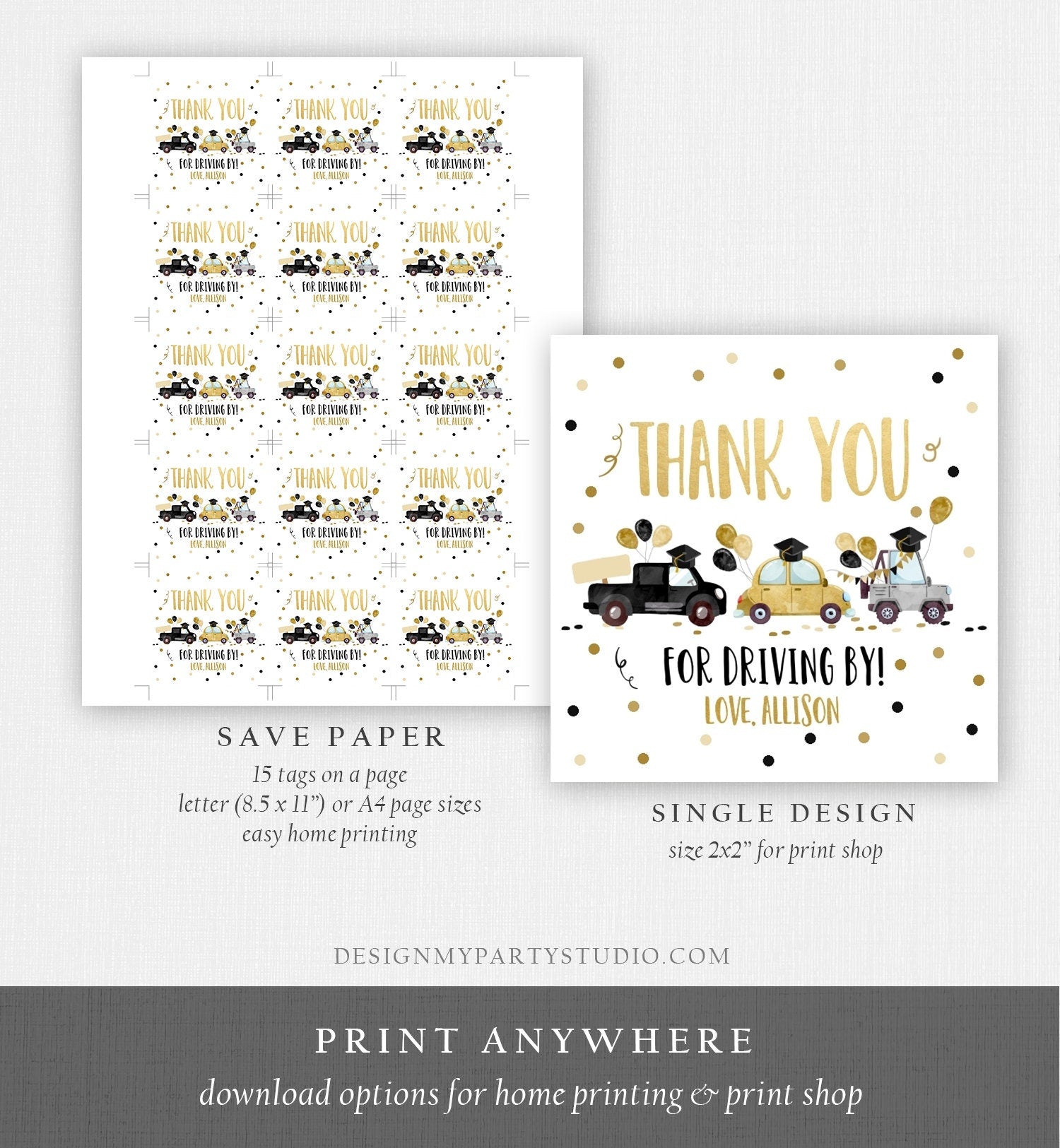 Editable Drive By Favor Tag Drive Through Graduation Parade Thank You Gift Tags Quarantine Gold Yellow High School Grad Graduate Corjl 0337