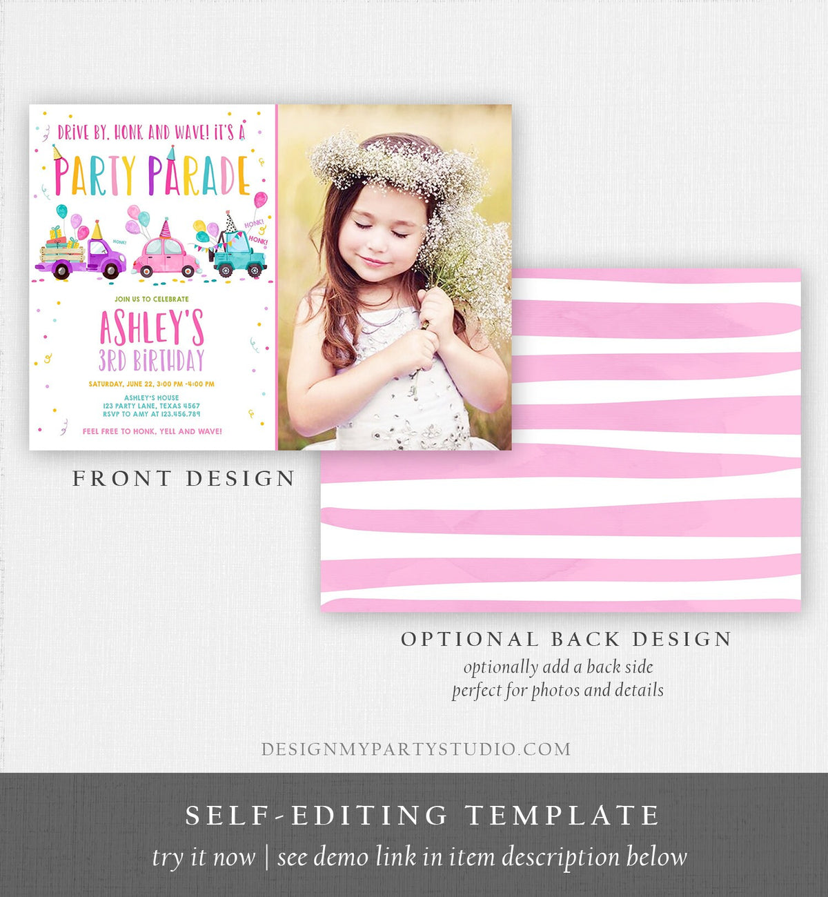 Editable Drive By Birthday Parade Invitation Virtual Party Invite Honk Wave Car Girl Pink Quarantine Instant Download Digital Corjl 0333