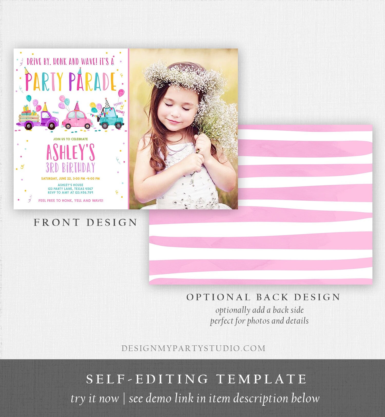 Editable Drive By Birthday Parade Invitation Virtual Party Invite Honk Wave Car Girl Pink Quarantine Instant Download Digital Corjl 0333