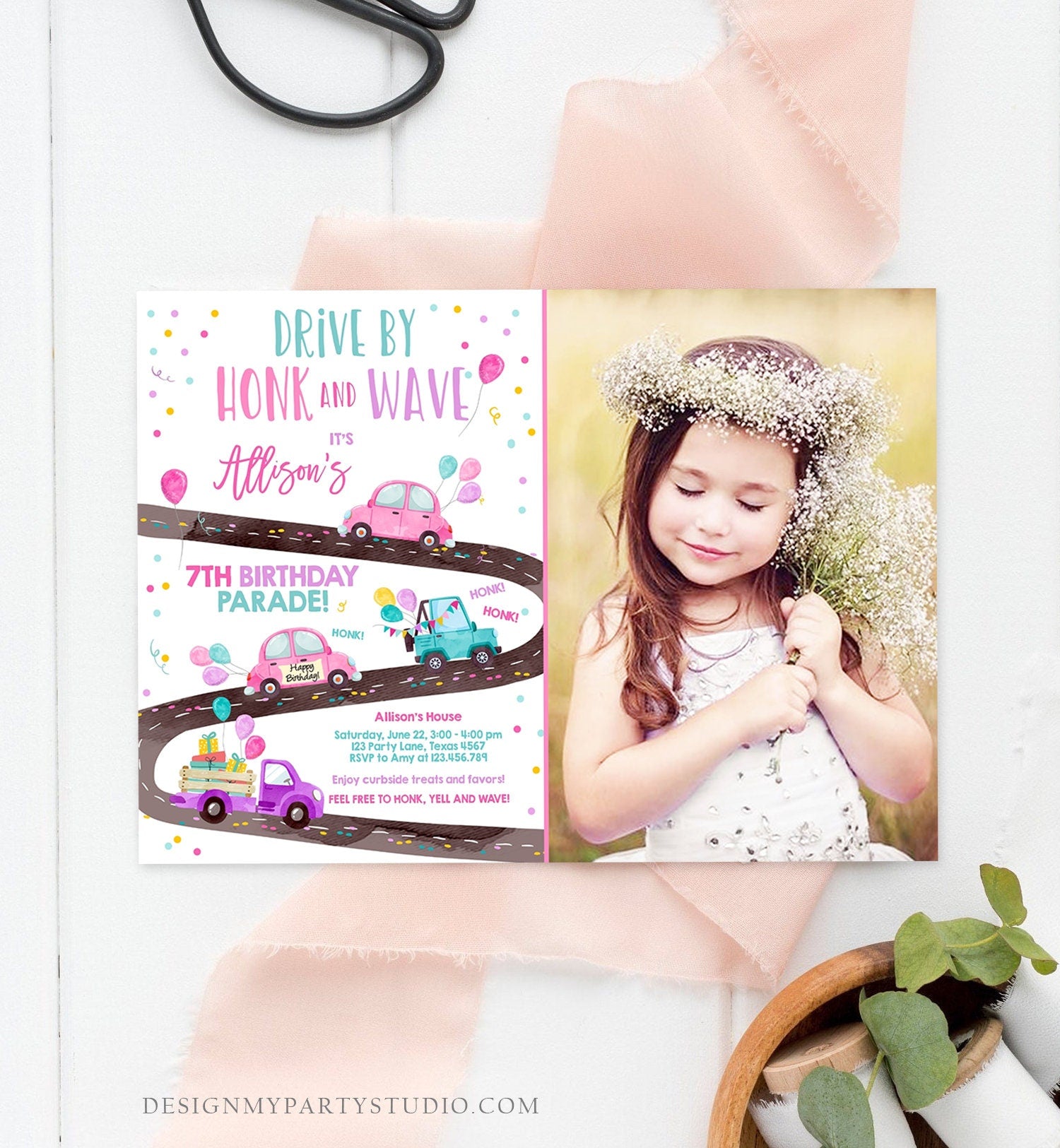 Editable Drive By Birthday Parade Invitation Virtual Party Invite Honk Wave Car Girl Pink Quarantine Instant Download Digital Corjl 0333