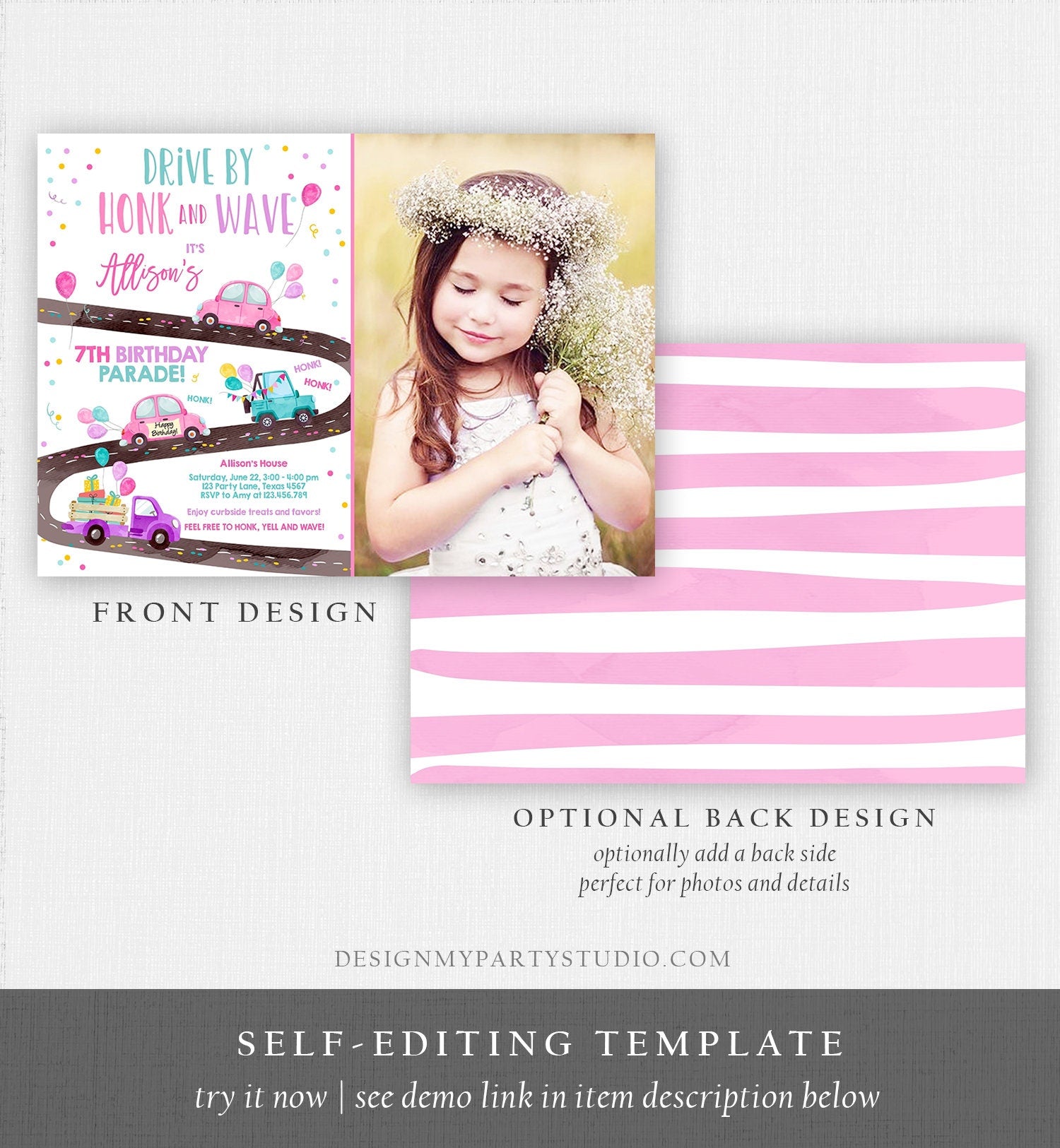 Editable Drive By Birthday Parade Invitation Virtual Party Invite Honk Wave Car Girl Pink Quarantine Instant Download Digital Corjl 0333