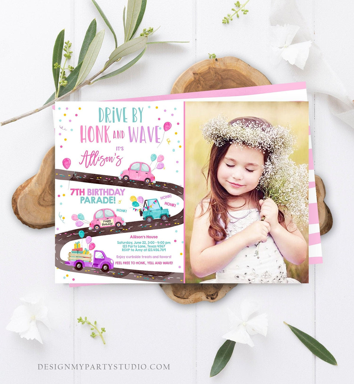Editable Drive By Birthday Parade Invitation Virtual Party Invite Honk Wave Car Girl Pink Quarantine Instant Download Digital Corjl 0333