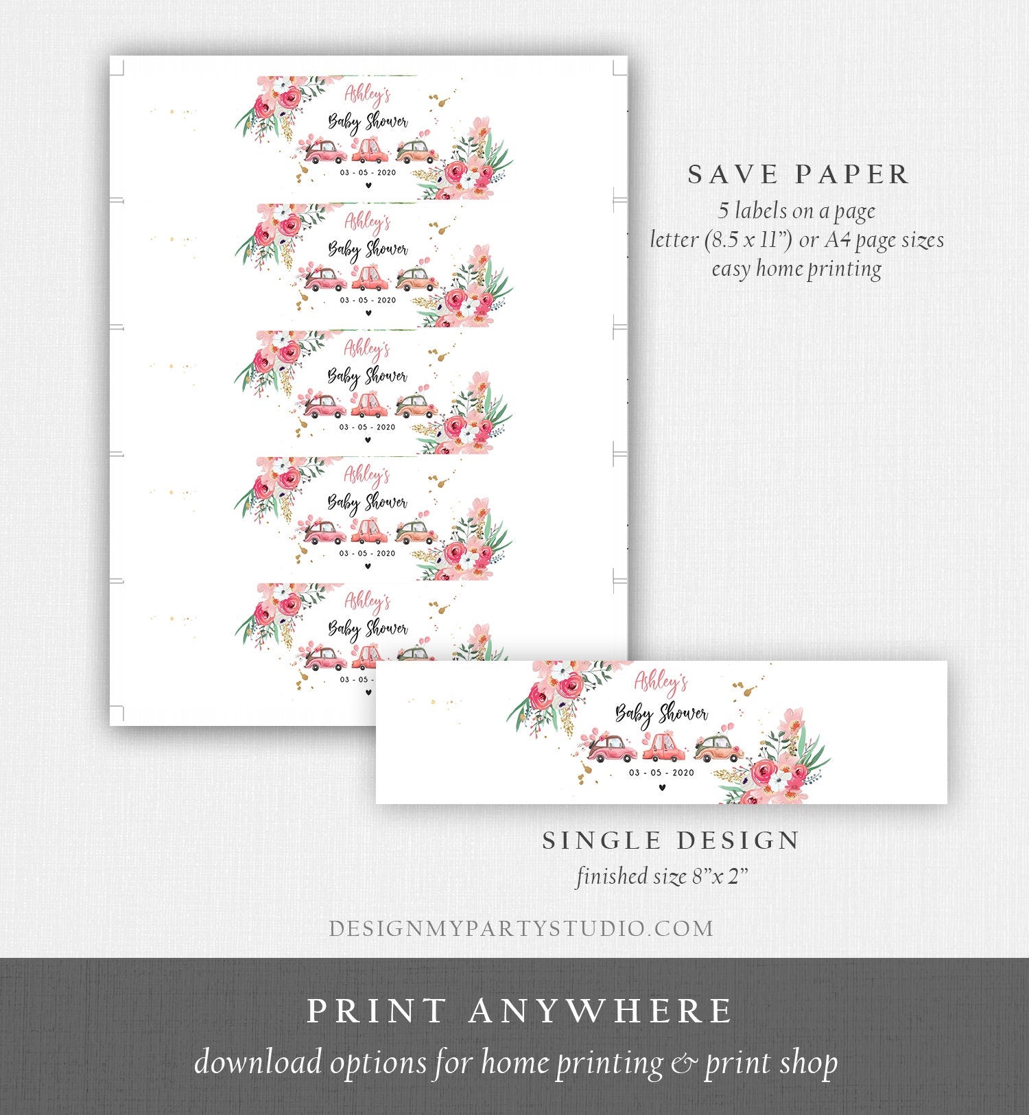 Editable Water Bottle Labels Drive By Baby Shower Decor Blush Pink Gold Floral Flowers Quarantine Printable Bottle Label Template Corjl 0335