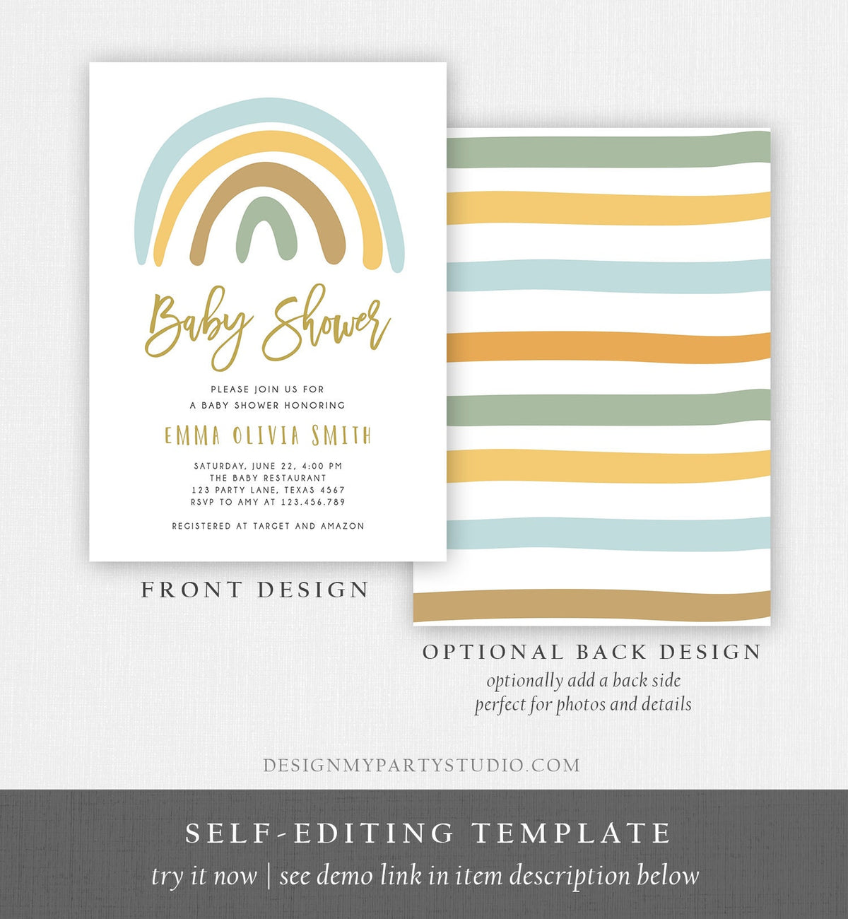 Editable Rainbow Baby Shower Invitation Muted Rainbow Invitation Gender Neutral Pastel Birthday Boy Blue Bow Download Corjl Template 0331