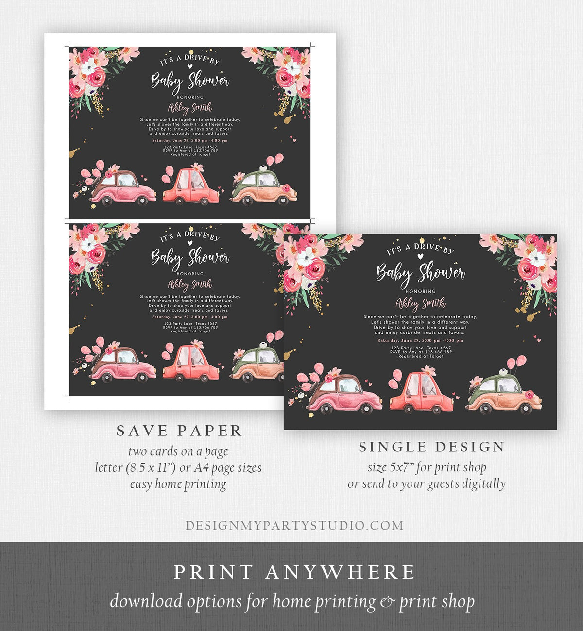Editable Drive By Baby Shower Invitation Pink Girl Baby Shower Invite Quarantine Drive Through Floral Sprinkle Template Download Corjl 0335