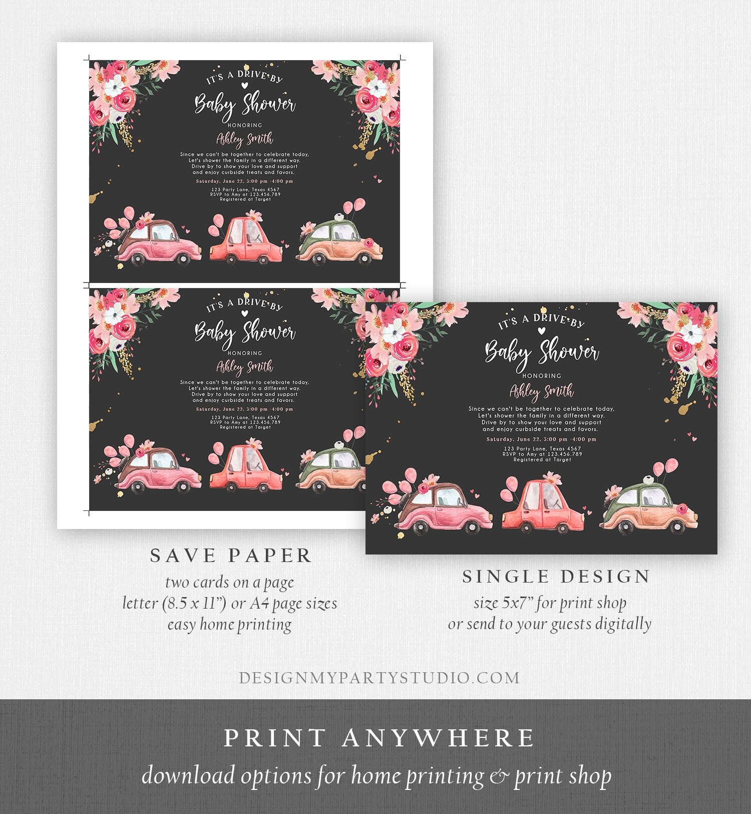 Editable Drive By Baby Shower Invitation Pink Girl Baby Shower Invite Quarantine Drive Through Floral Sprinkle Template Download Corjl 0335