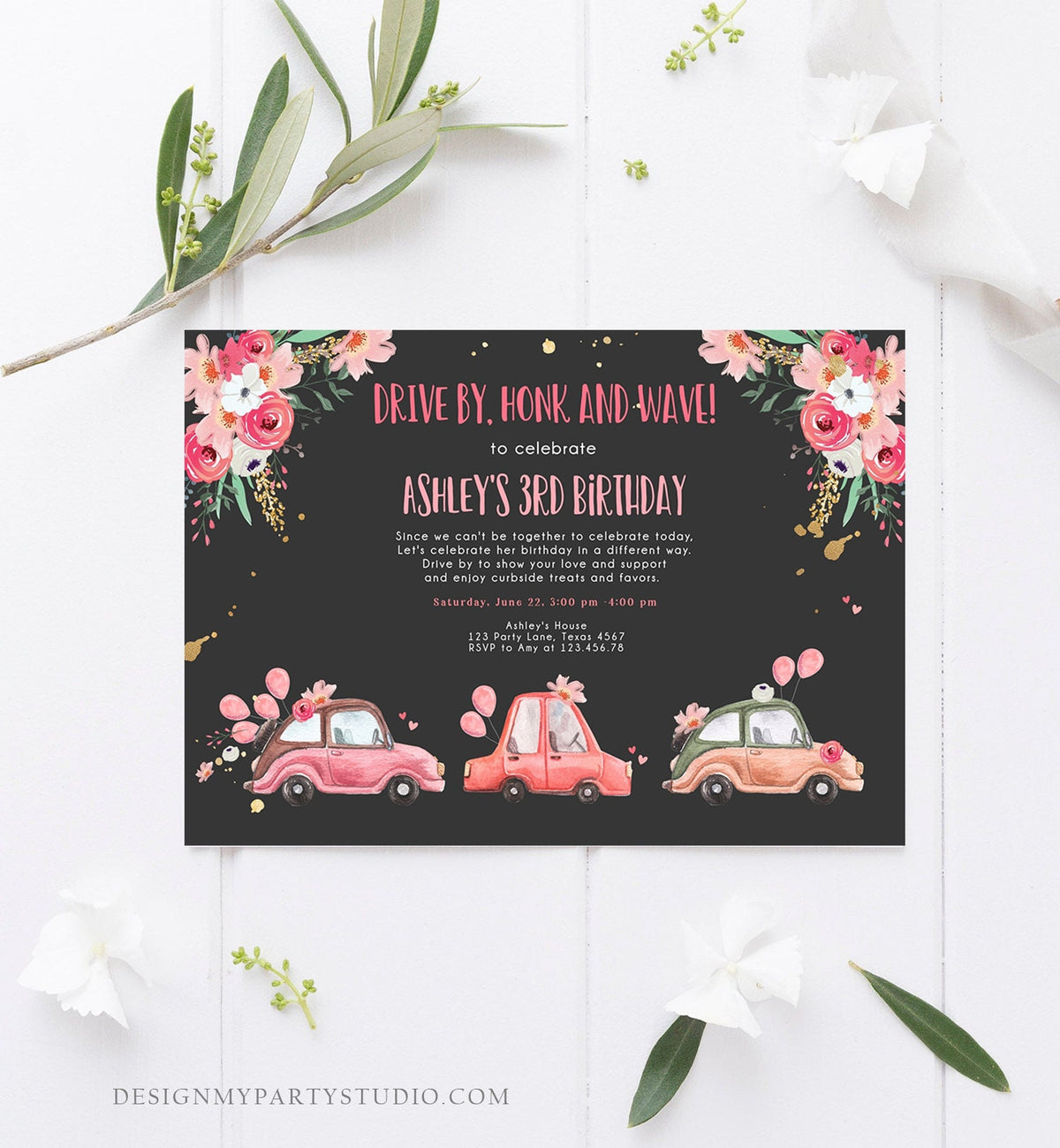 Editable Drive By Birthday Parade Invitation Virtual Party Invite Honk Wave Car Girl Pink Quarantine Instant Download Digital Corjl 0335