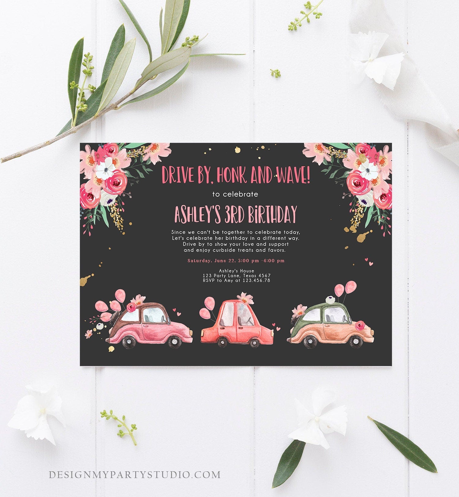 Editable Drive By Birthday Parade Invitation Virtual Party Invite Honk Wave Car Girl Pink Quarantine Instant Download Digital Corjl 0335