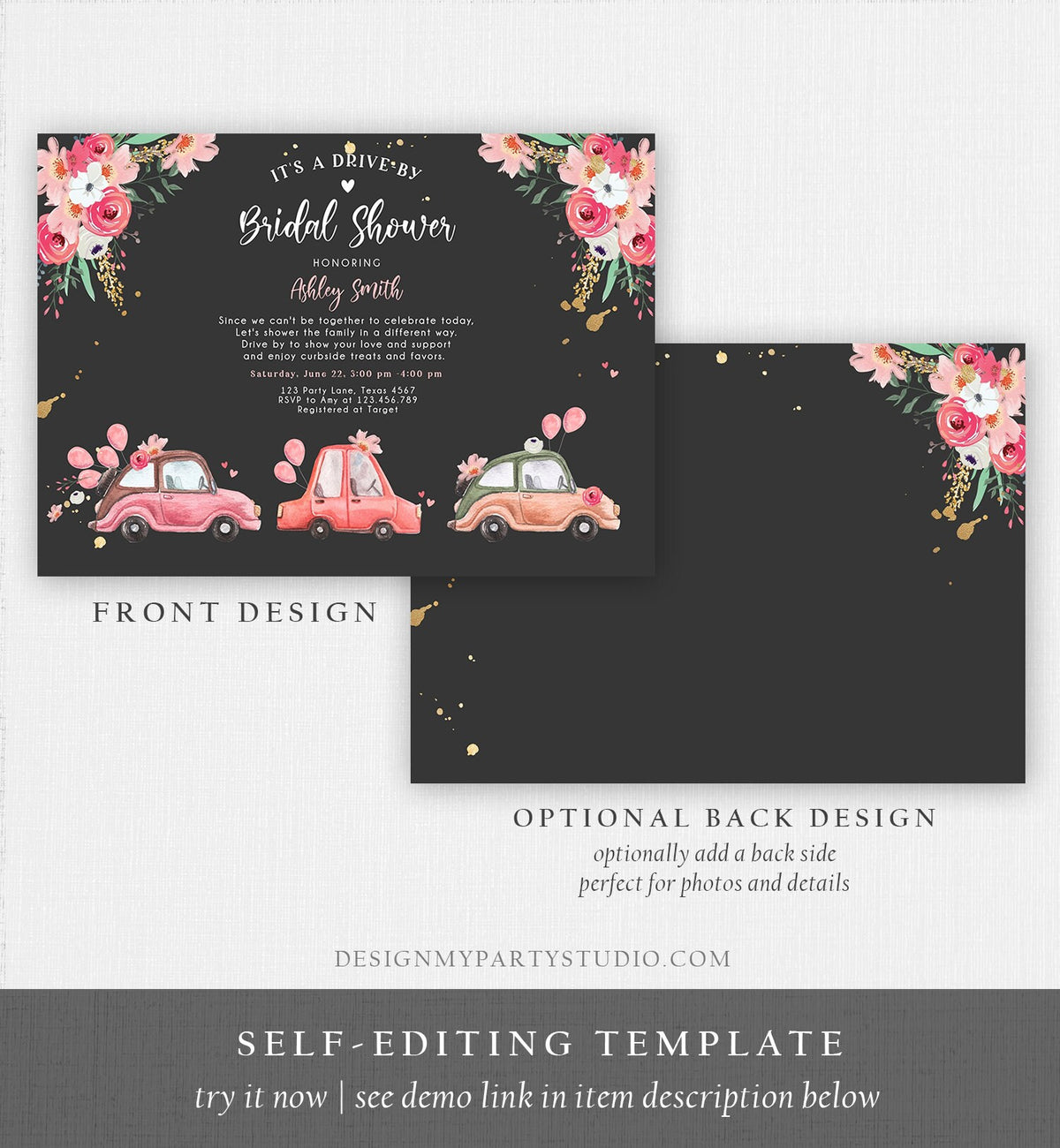 Editable Drive By Bridal Shower Invitation Couples Shower Invite Quarantine Drive Through Floral Wedding Shower Template Download Corjl 0335