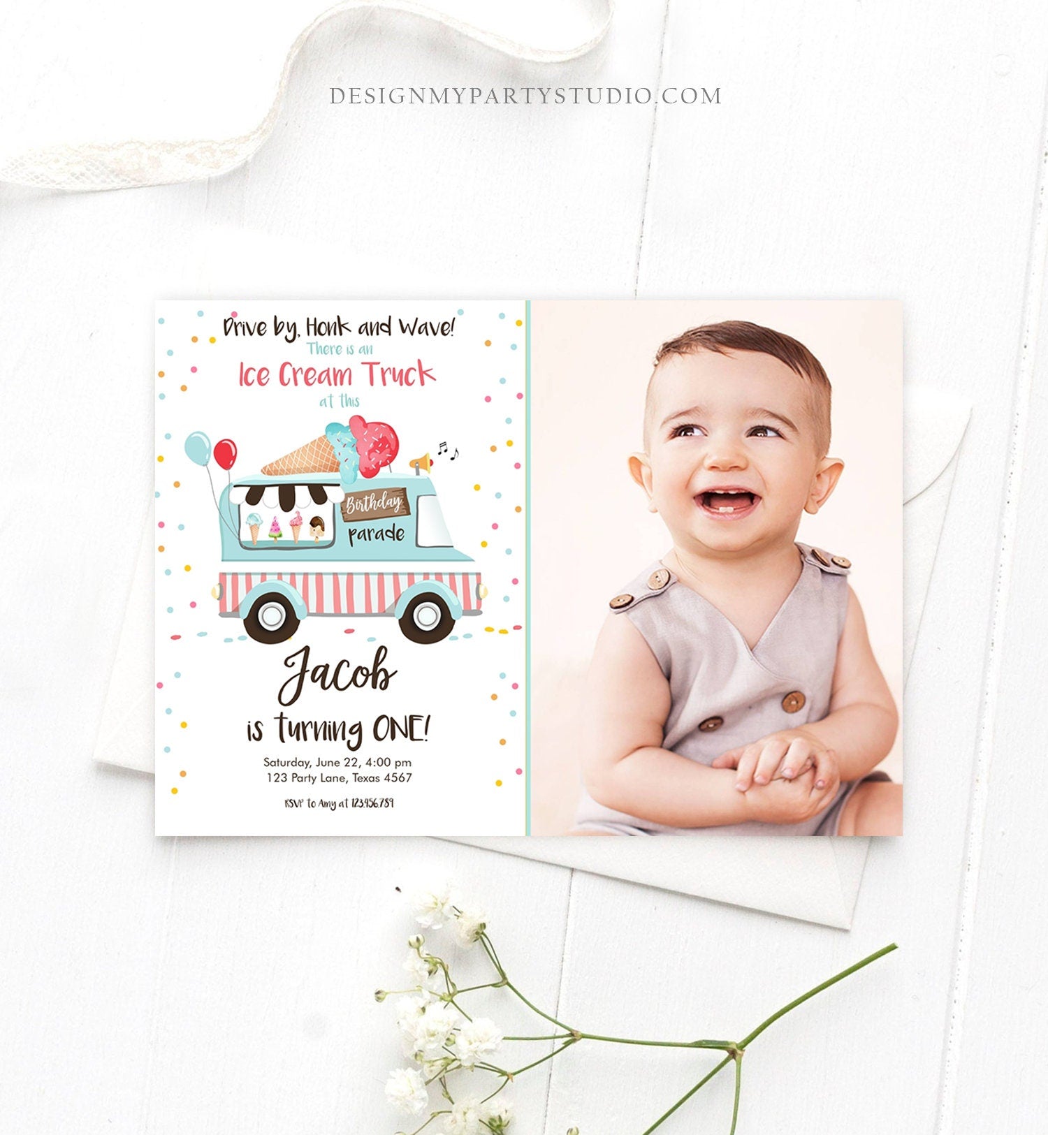 Editable Ice Cream Truck Birthday Invitation Birthday Parade Drive By Birthday Invite Quarantine Party Scoop Printable Template Corjl 0243