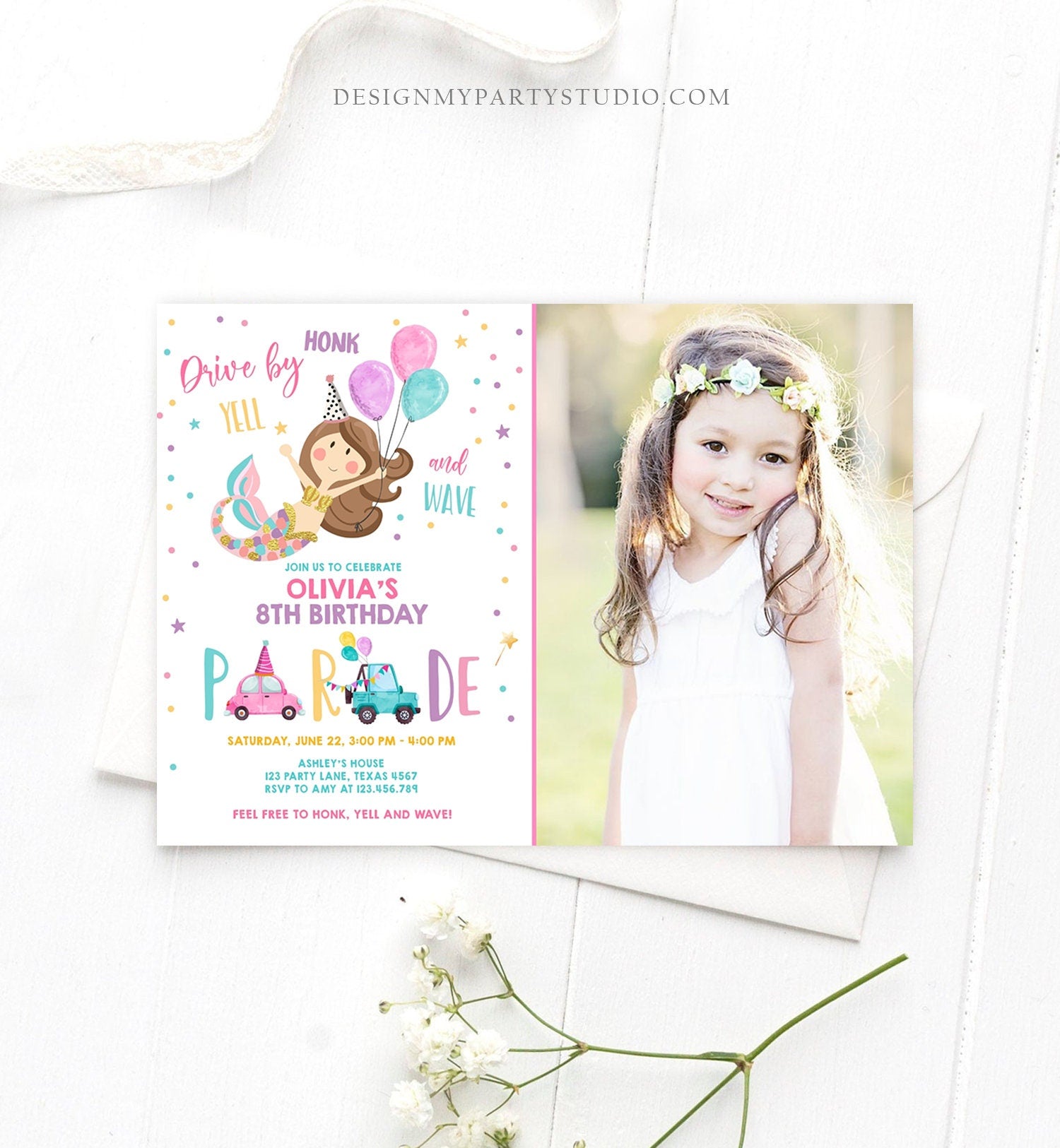 Editable Mermaid Drive By Birthday Parade Invitation Virtual Party Invite Honk Wave Car Girl Pink Quarantine Download Digital Corjl 0338