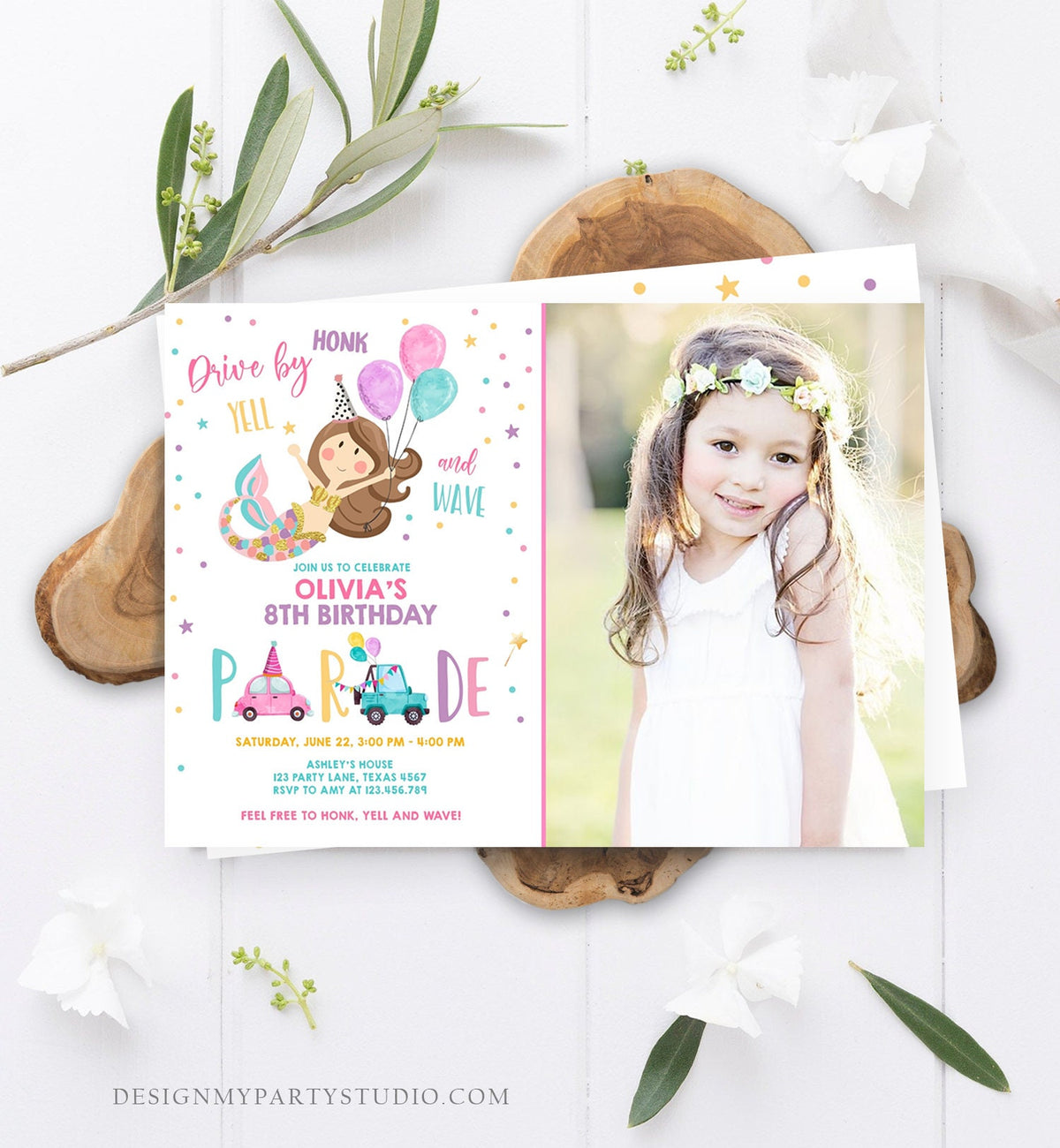 Editable Mermaid Drive By Birthday Parade Invitation Virtual Party Invite Honk Wave Car Girl Pink Quarantine Download Digital Corjl 0338
