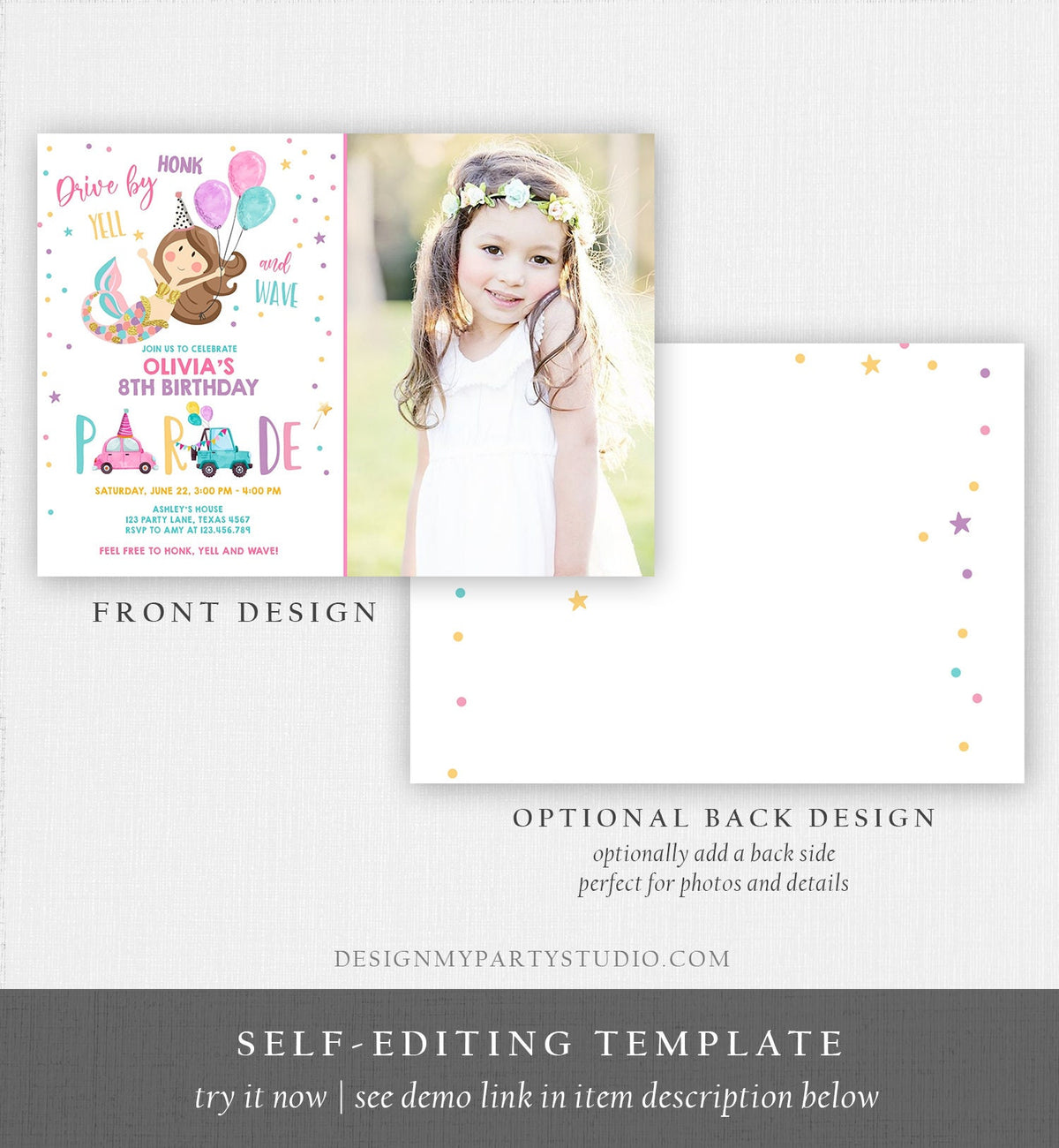 Editable Mermaid Drive By Birthday Parade Invitation Virtual Party Invite Honk Wave Car Girl Pink Quarantine Download Digital Corjl 0338