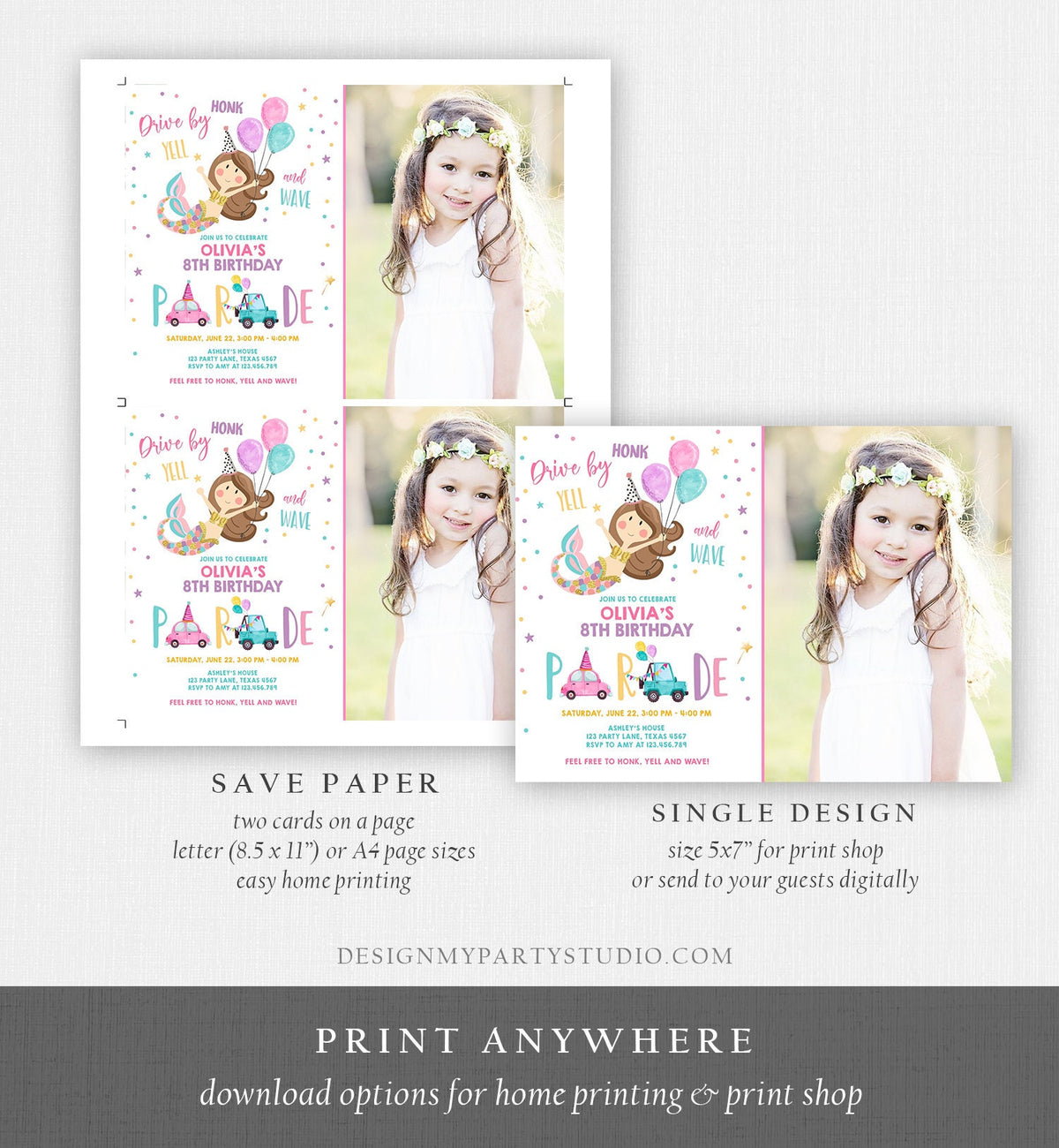 Editable Mermaid Drive By Birthday Parade Invitation Virtual Party Invite Honk Wave Car Girl Pink Quarantine Download Digital Corjl 0338