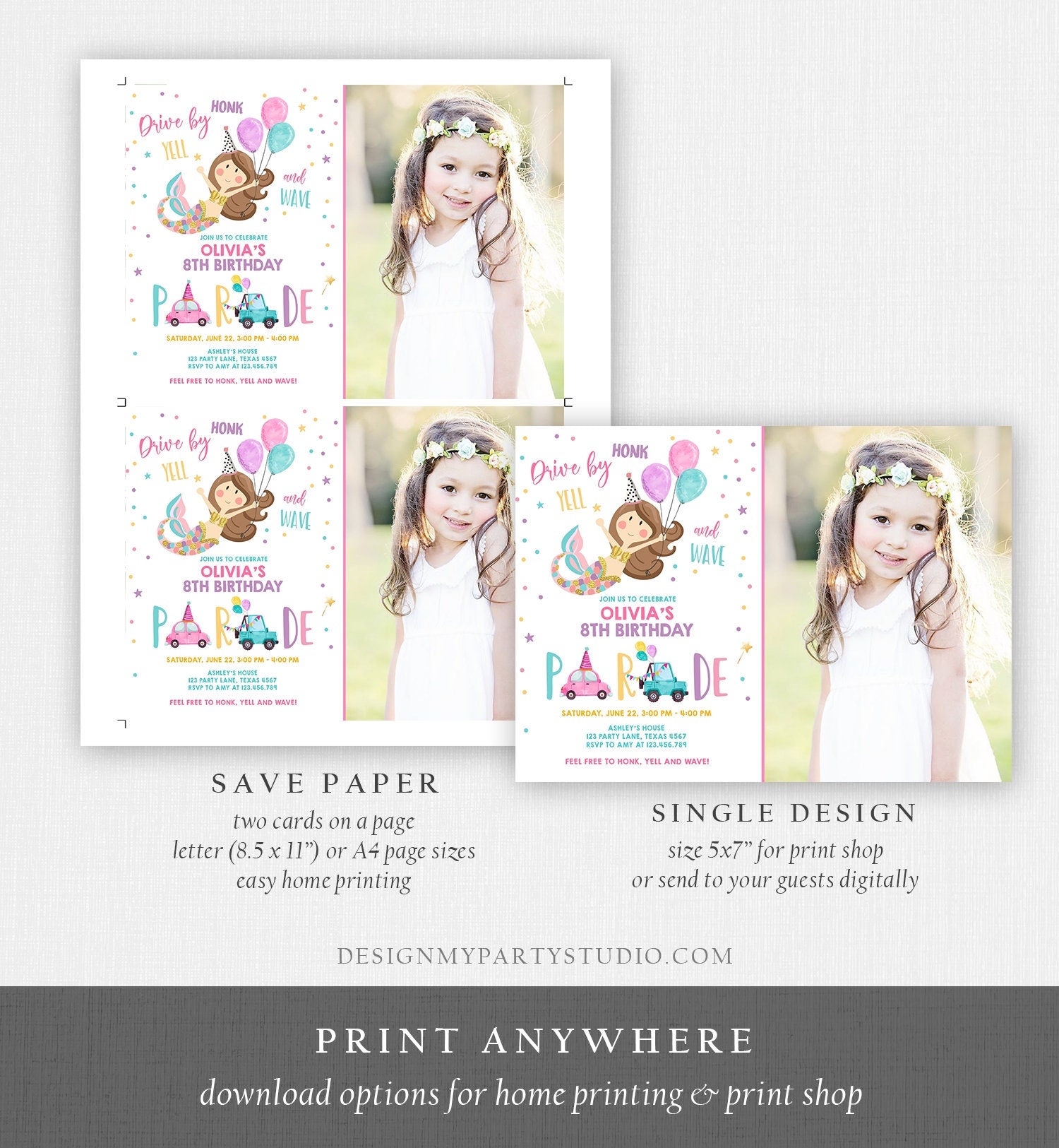 Editable Mermaid Drive By Birthday Parade Invitation Virtual Party Invite Honk Wave Car Girl Pink Quarantine Download Digital Corjl 0338