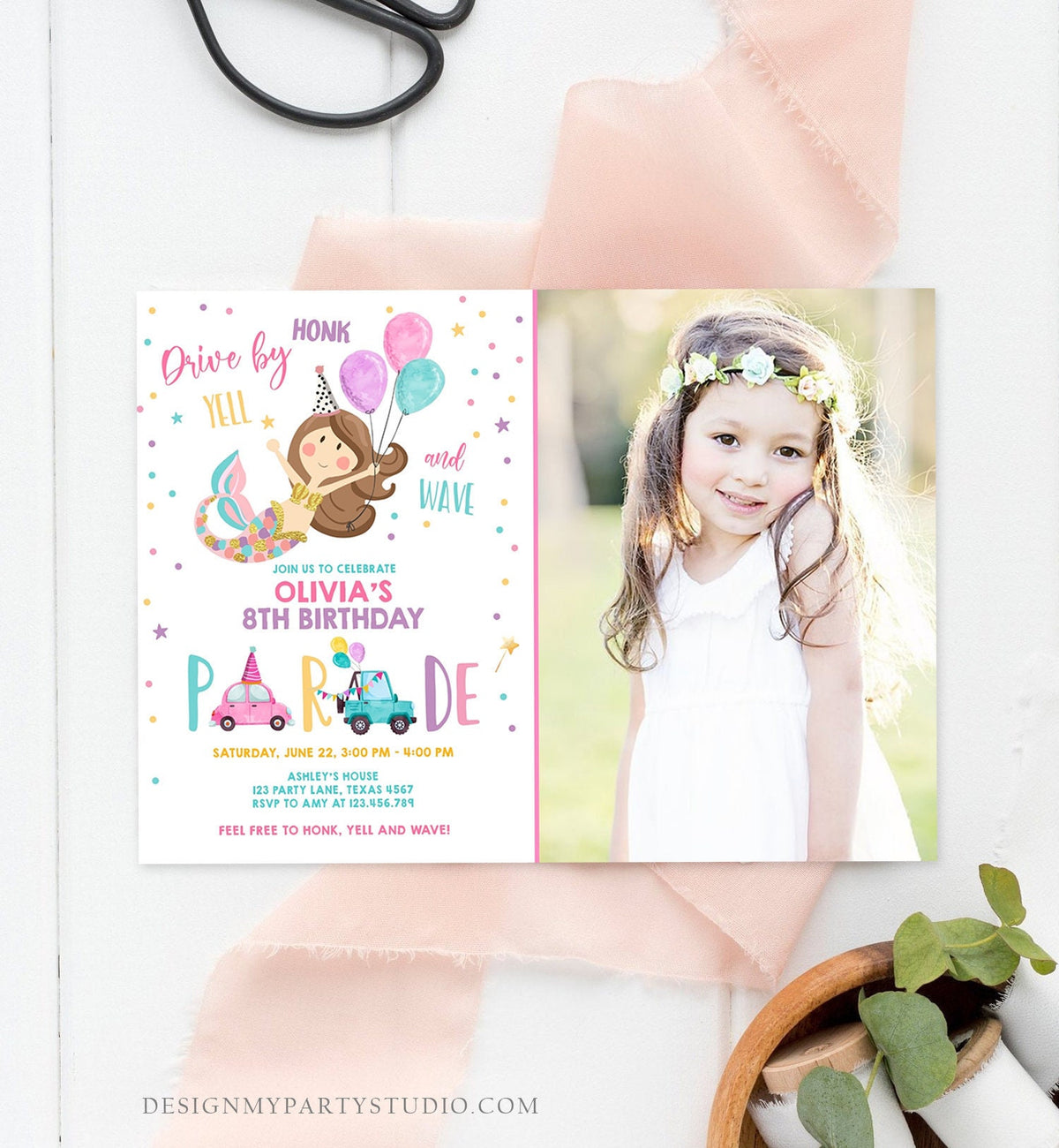 Editable Mermaid Drive By Birthday Parade Invitation Virtual Party Invite Honk Wave Car Girl Pink Quarantine Download Digital Corjl 0338
