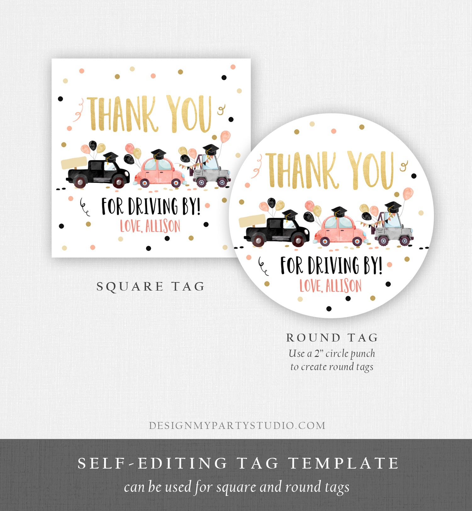 Editable Drive By Favor Tag Drive Through Graduation Parade Thank You Gift Tags Quarantine Gold Coral Pink High School Graduate Corjl 0337