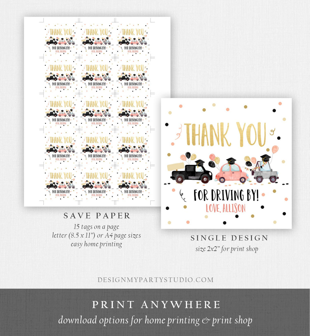 Editable Drive By Favor Tag Drive Through Graduation Parade Thank You Gift Tags Quarantine Gold Coral Pink High School Graduate Corjl 0337