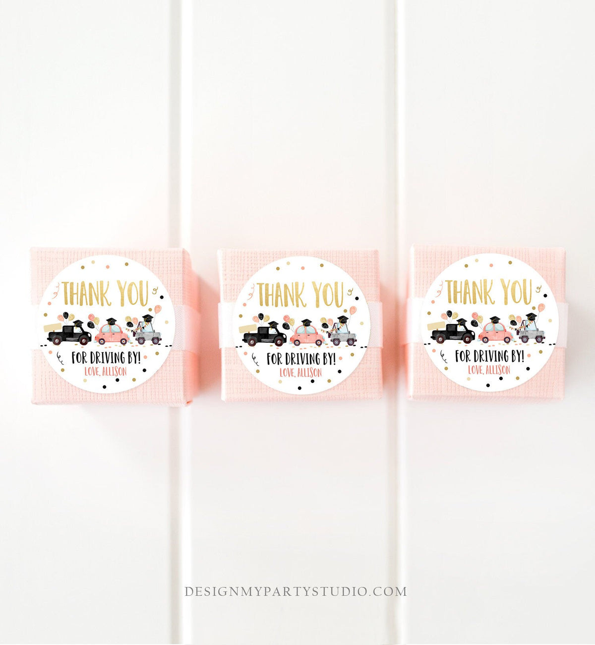 Editable Drive By Favor Tag Drive Through Graduation Parade Thank You Gift Tags Quarantine Gold Coral Pink High School Graduate Corjl 0337