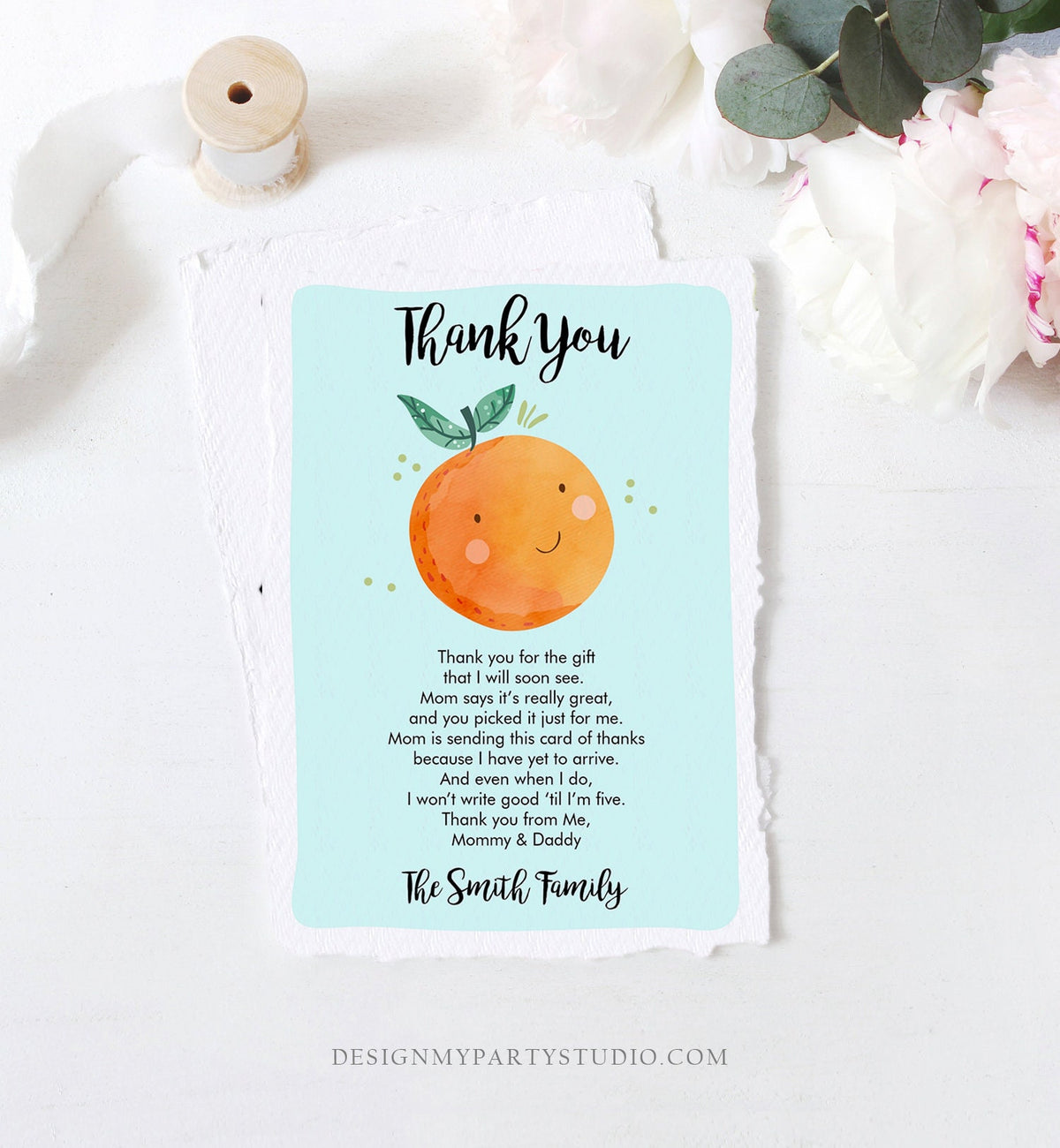 Editable A Little Cutie Thank You Card Baby Shower Clementine Orange Thank You Coed Shower Boy Blue Download Printable Corjl Template 0330
