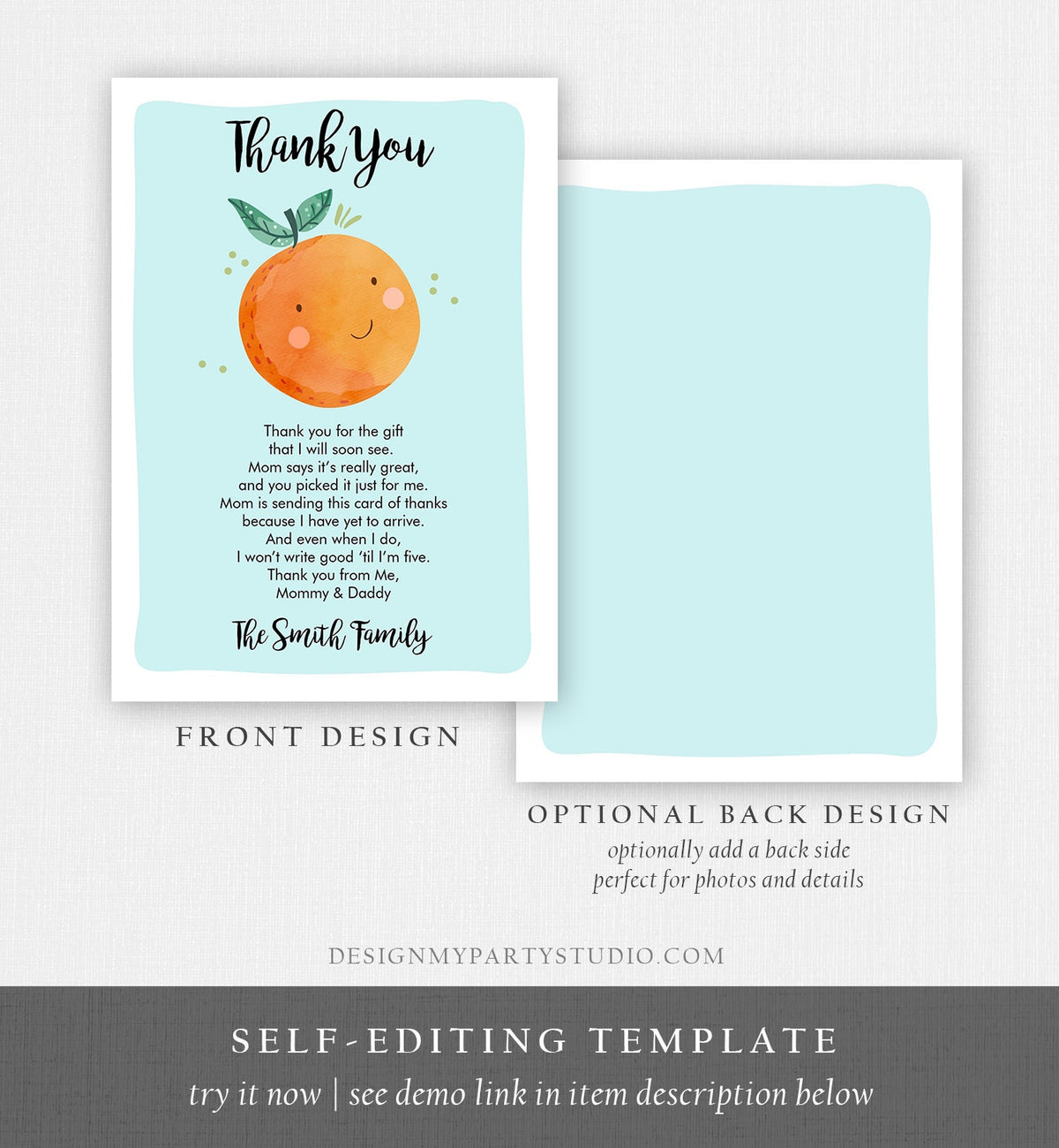 Editable A Little Cutie Thank You Card Baby Shower Clementine Orange Thank You Coed Shower Boy Blue Download Printable Corjl Template 0330