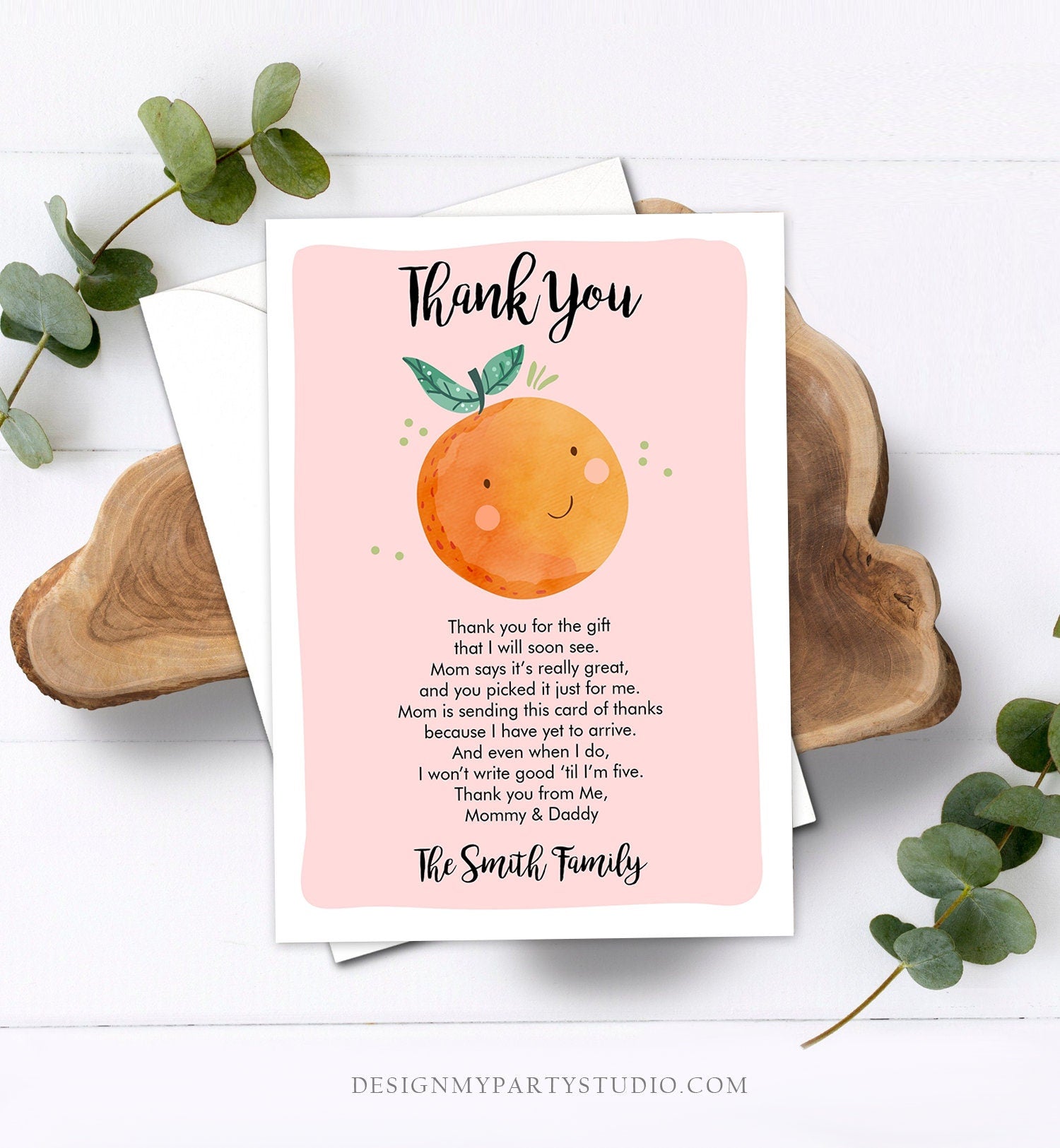 Editable A Little Cutie Thank You Card Baby Shower Clementine Orange Thank You Coed Shower Girl Pink Download Printable Corjl Template 0330