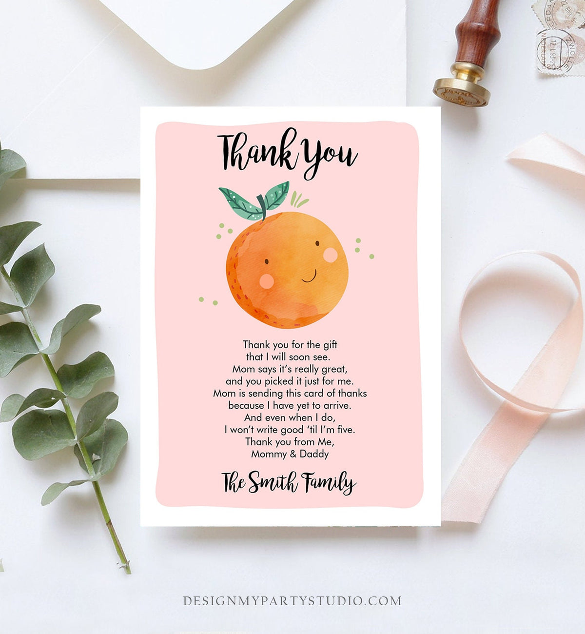 Editable A Little Cutie Thank You Card Baby Shower Clementine Orange Thank You Coed Shower Girl Pink Download Printable Corjl Template 0330