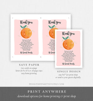 Editable A Little Cutie Thank You Card Baby Shower Clementine Orange Thank You Coed Shower Girl Pink Download Printable Corjl Template 0330