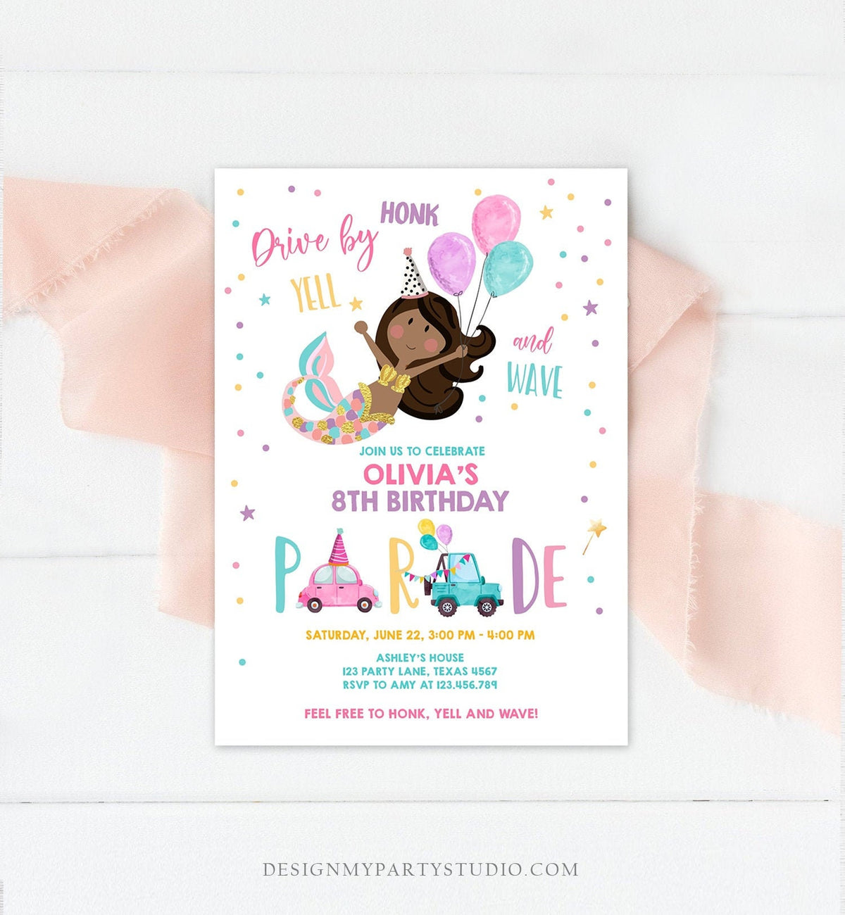 Editable Mermaid Drive By Birthday Parade Invitation Virtual Party Invite Honk Wave Car African American Girl Pink Gold Corjl Template 0338