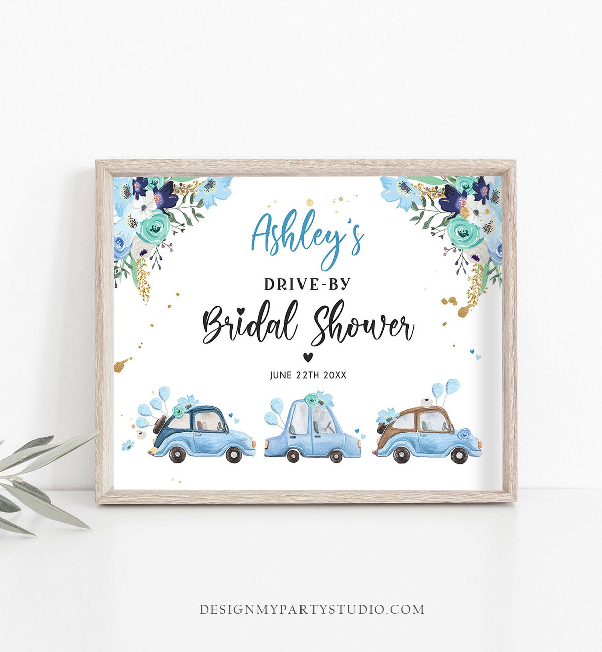 Editable Drive By Bridal Shower Sign Welcome Navy Blue Gold Floral Coed Quarantine Party Drive Through Parade Yard Sign Corjl Template 0335