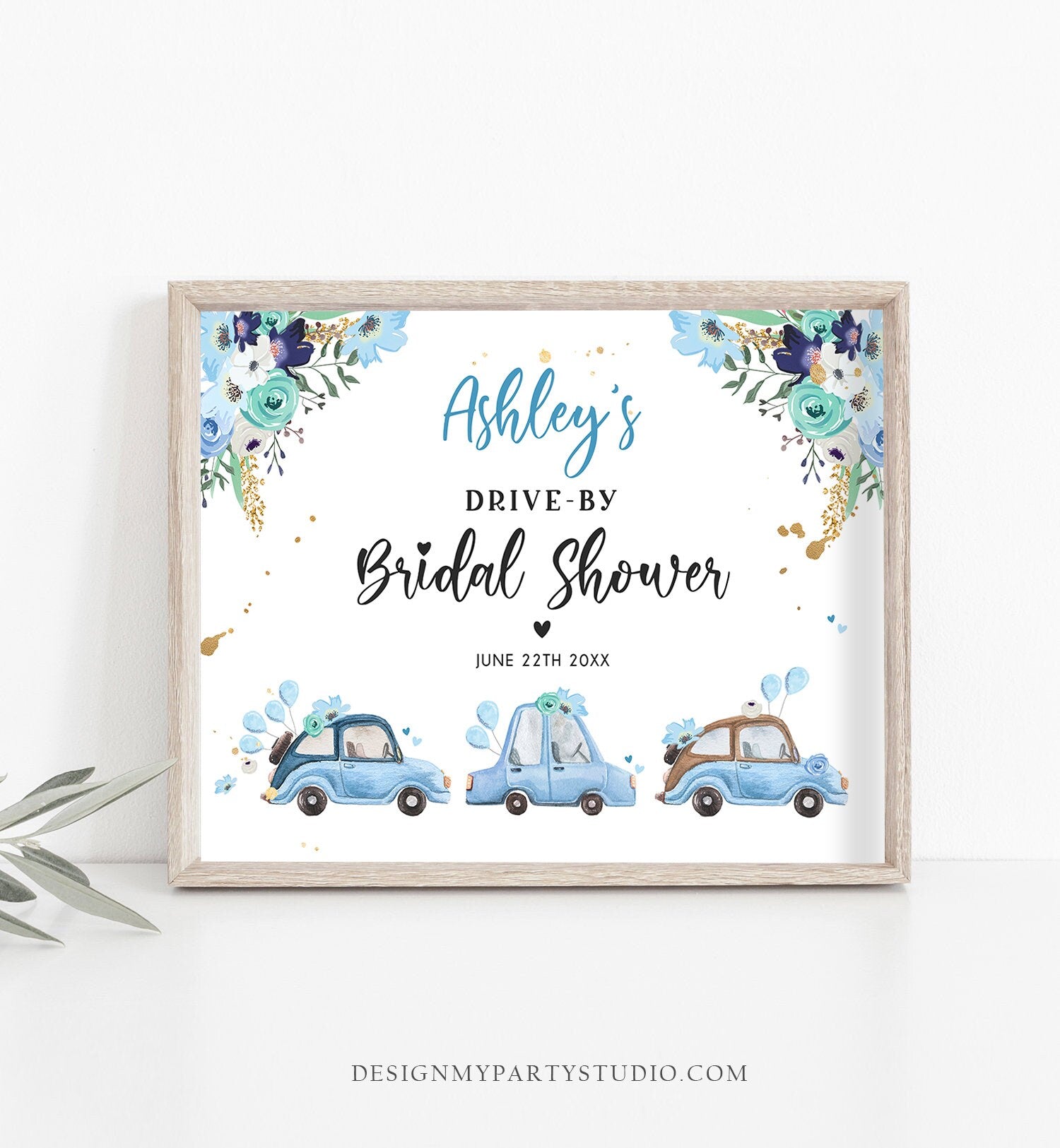 Editable Drive By Bridal Shower Sign Welcome Navy Blue Gold Floral Coed Quarantine Party Drive Through Parade Yard Sign Corjl Template 0335