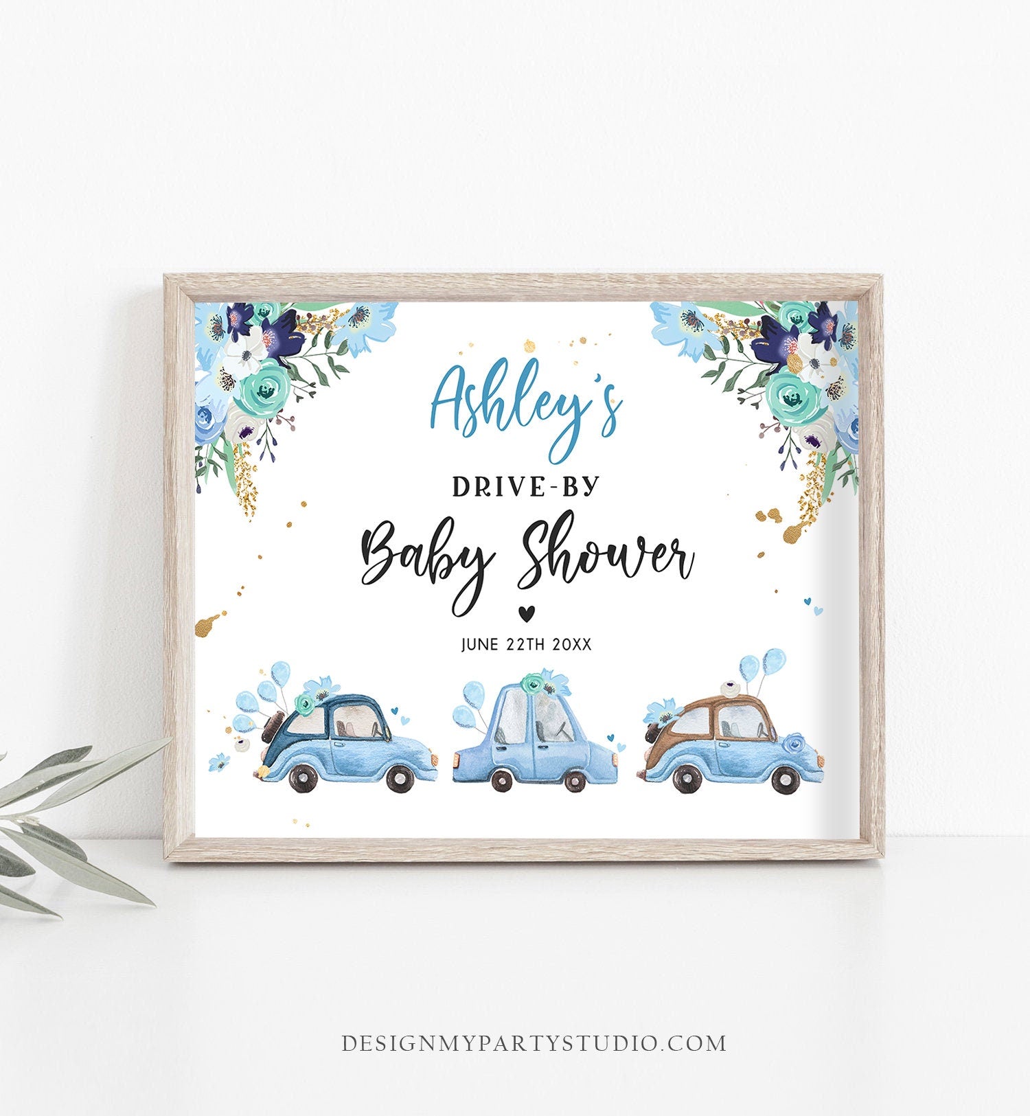 Editable Drive By Baby Shower Sign Welcome Navy Blue Gold Floral Boy Quarantine Party Drive Through Parade Yard Sign Corjl Template 0335