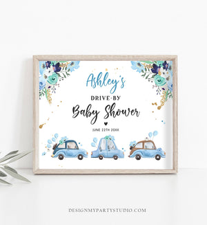 Editable Drive By Baby Shower Sign Welcome Navy Blue Gold Floral Boy Quarantine Party Drive Through Parade Yard Sign Corjl Template 0335
