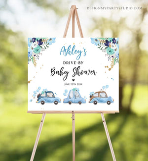 Editable Drive By Baby Shower Sign Welcome Navy Blue Gold Floral Boy Quarantine Party Drive Through Parade Yard Sign Corjl Template 0335