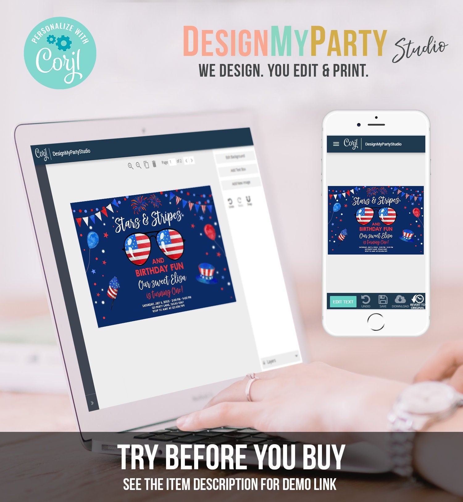 Editable Memorial Day Birthday Invitation 4th of July Little Firecracker Stars and Stripes Red White Blue Template Corjl Digital 0122