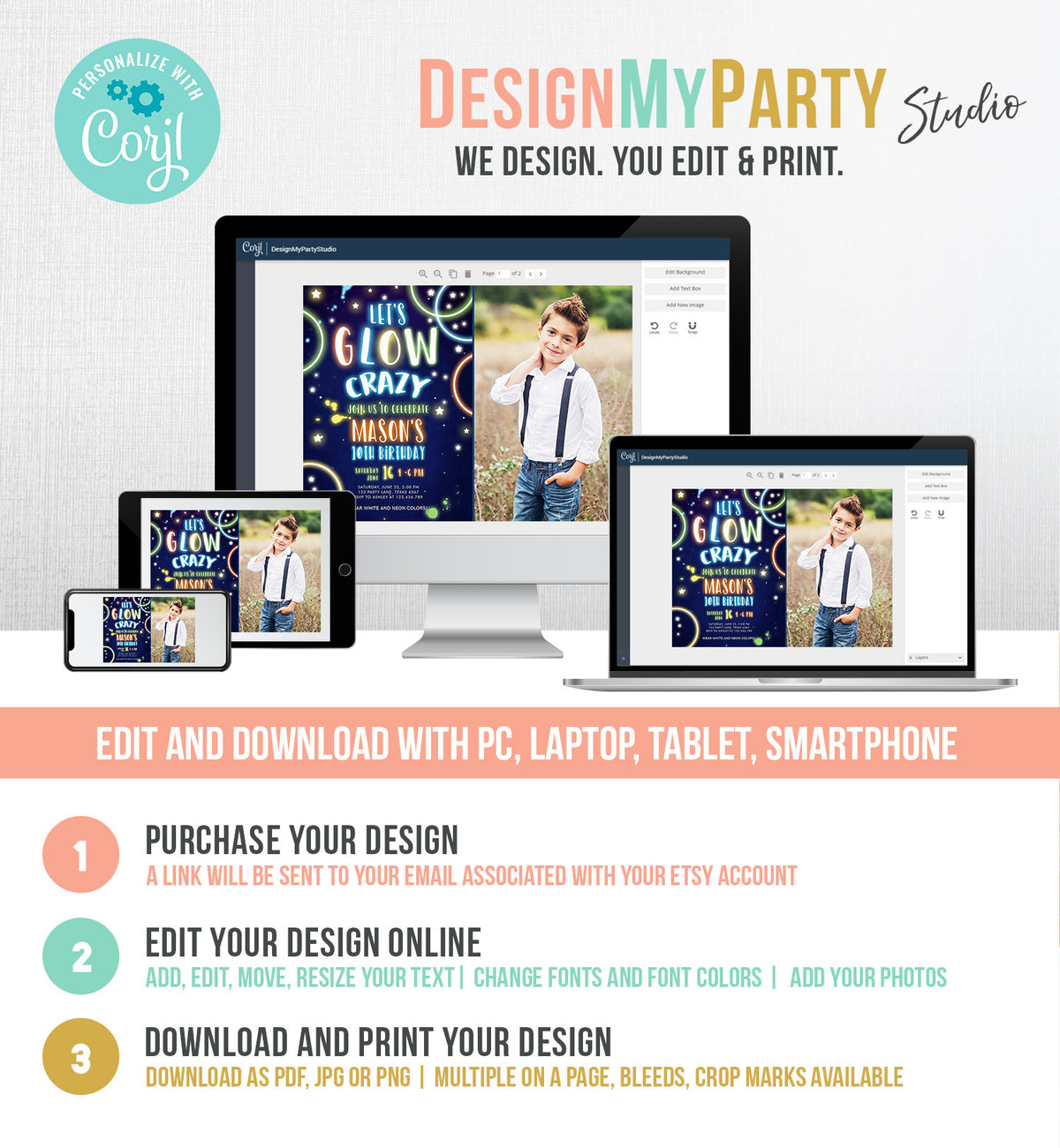 Editable Let&amp;#39;s Glow Crazy Birthday Invitation Glow Party Neon Glow In The Dark Party Boy Teen Blue Download Printable Template Corjl 0172