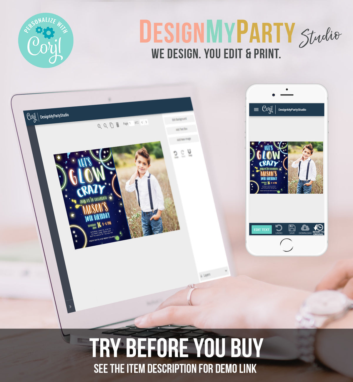 Editable Let&amp;#39;s Glow Crazy Birthday Invitation Glow Party Neon Glow In The Dark Party Boy Teen Blue Download Printable Template Corjl 0172