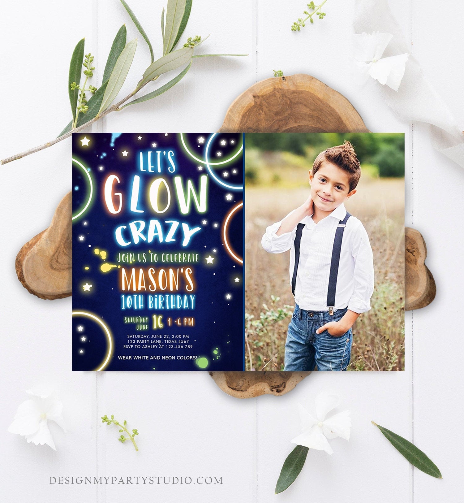 Editable Let&#39;s Glow Crazy Birthday Invitation Glow Party Neon Glow In The Dark Party Boy Teen Blue Download Printable Template Corjl 0172